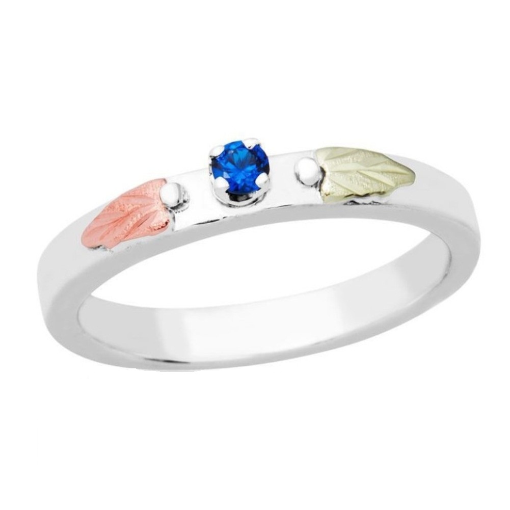 Round Genuine Blue Sapphire Mother's Ring, Sterling Silver, 12k Green and Rose Gold Black Hills Gold Motif.