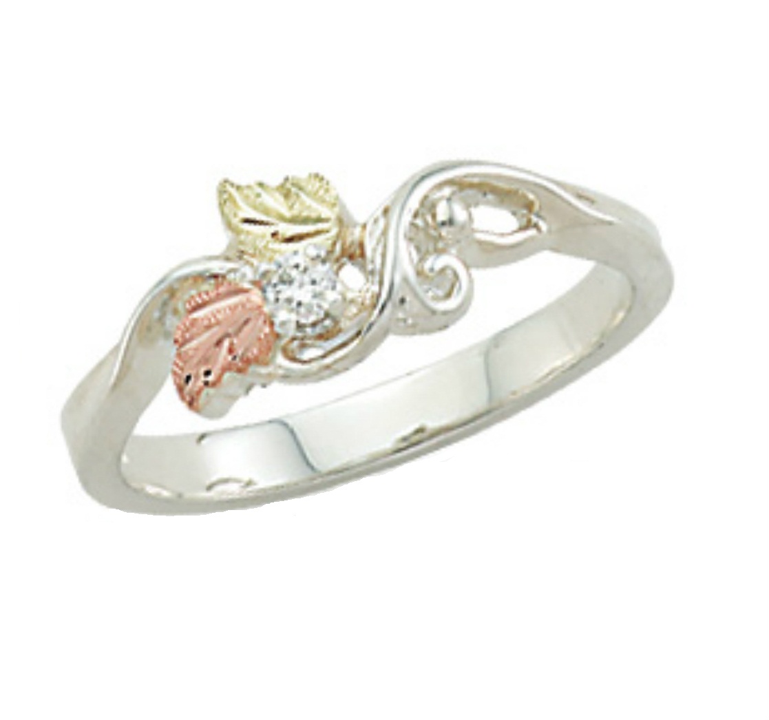 Created Birthstone Ring, Rhodium Plated Sterling Silver, 12k Green and Rose Gold Black Hills Silver Motif. 