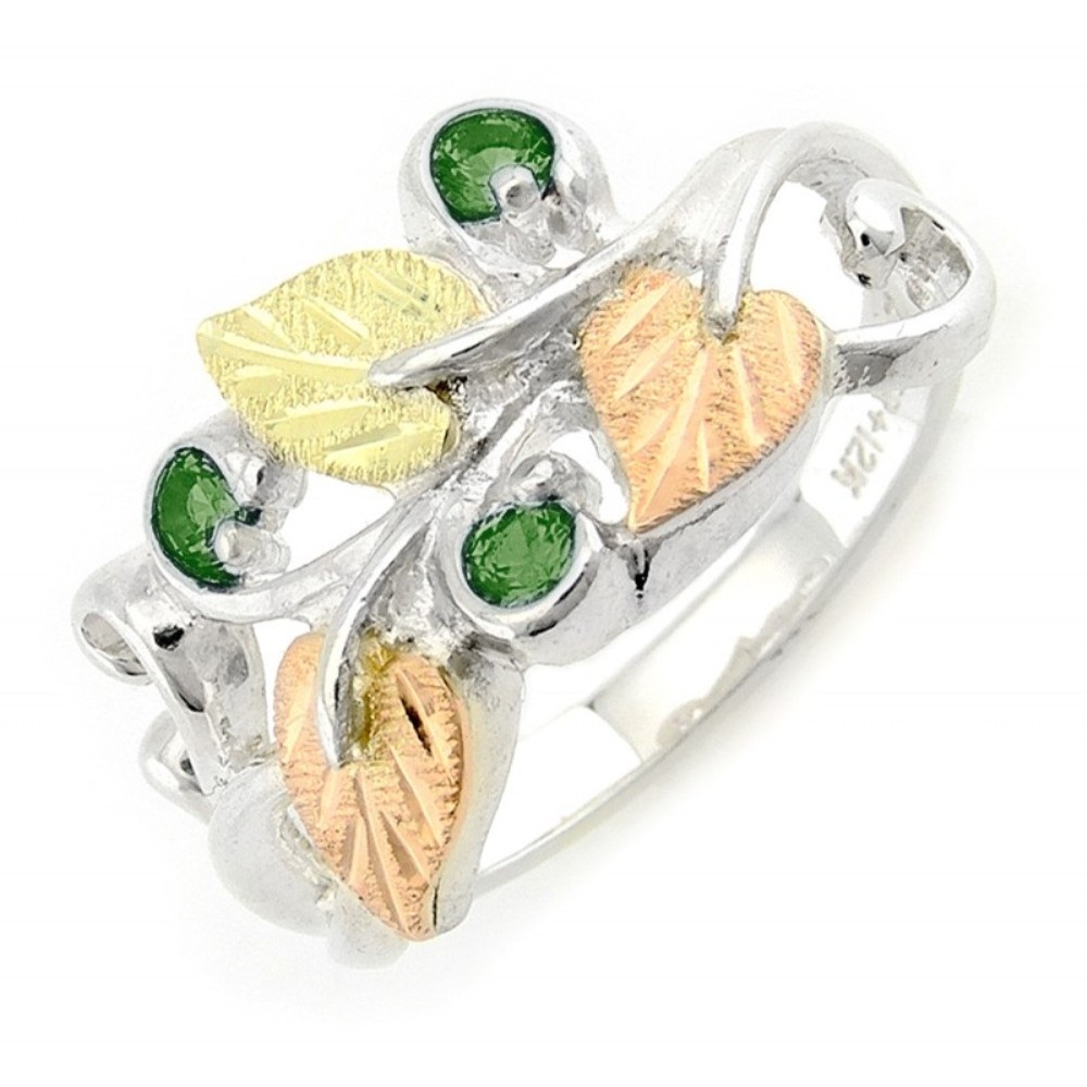 Created Birthstone Ring, Rhodium Plated Sterling Silver, 12k Green and Rose Black Hills Gold. 