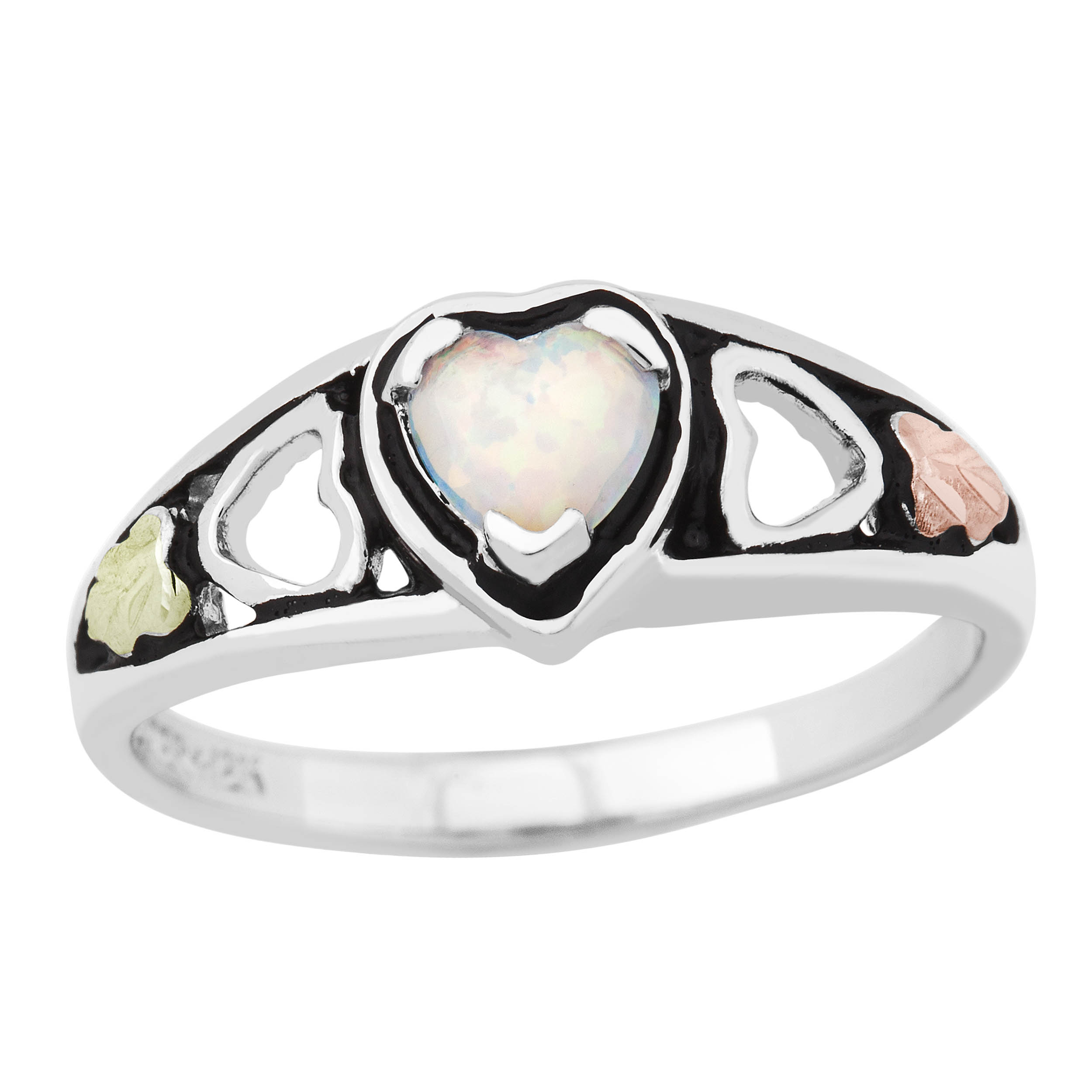 Created Birthstone Ring, Rhodium Plated Sterling Silver, 12k Green and Rose Gold Black Hills Silver Motif. 
