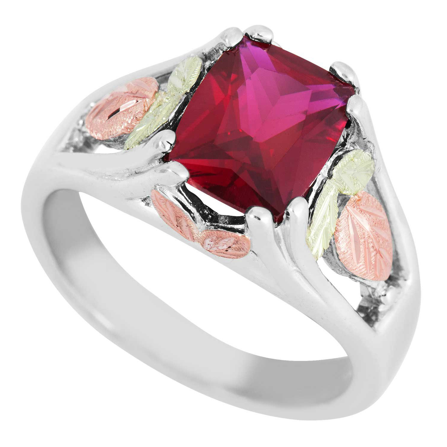 Created Birthstone Ring, Rhodium Plated Sterling Silver, 12k Green and Rose Gold Black Hills Silver Motif.