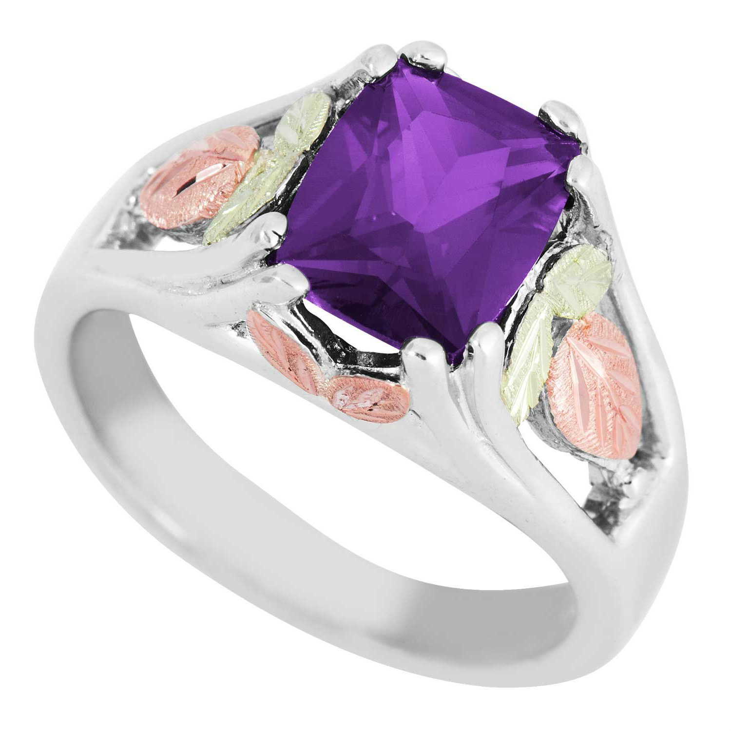 Created Birthstone Ring, Rhodium Plated Sterling Silver, 12k Green and Rose Gold Black Hills Silver Motif.  