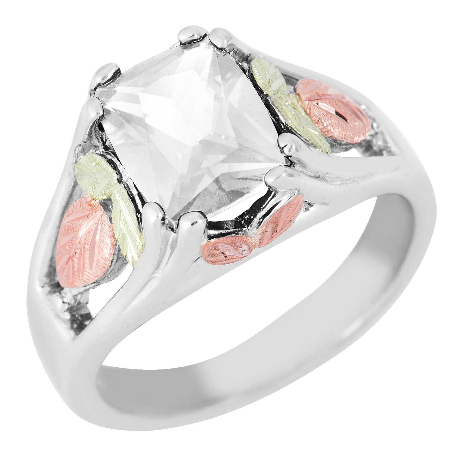 Created Birthstone Ring, Rhodium Plated Sterling Silver, 12k Green and Rose Gold Black Hills Silver Motif.  