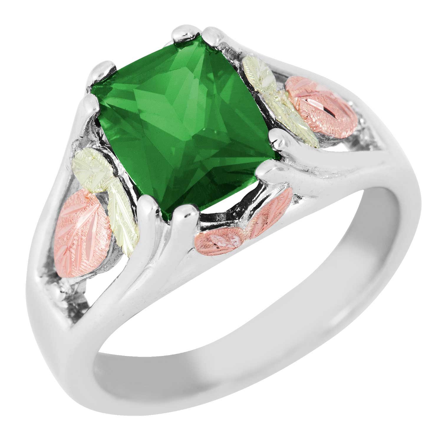 Created Birthstone Ring, Rhodium Plated Sterling Silver, 12k Green and Rose Gold Black Hills Silver Motif.  