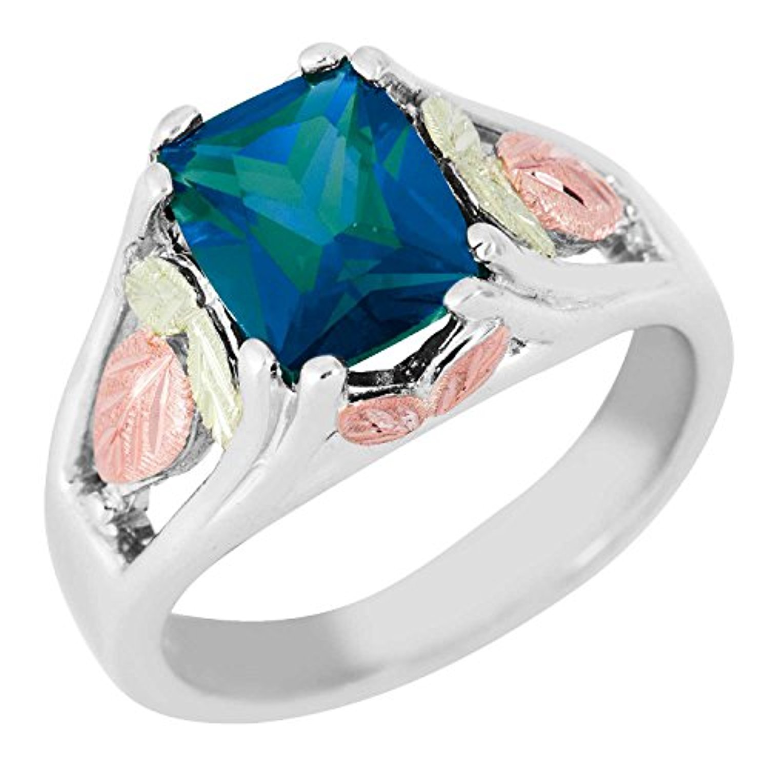 Created Birthstone Ring, Rhodium Plated Sterling Silver, 12k Green and Rose Gold Black Hills Silver Motif.