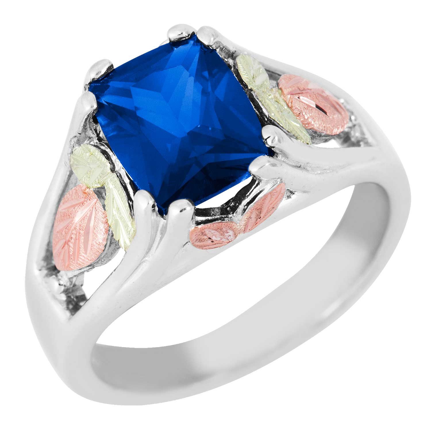 Created Birthstone Ring, Rhodium Plated Sterling Silver, 12k Green and Rose Gold Black Hills Silver Motif.  