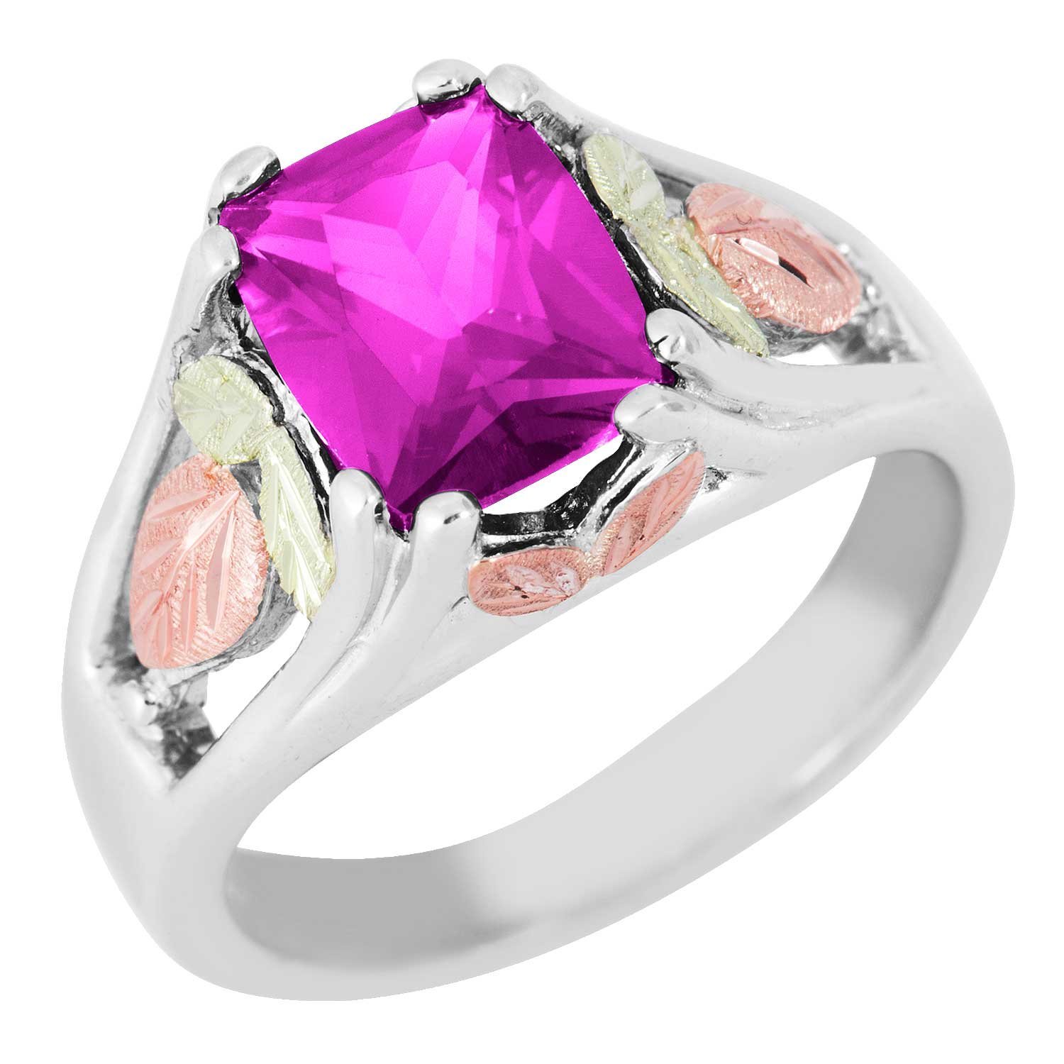 Created Birthstone Ring, Rhodium Plated Sterling Silver, 12k Green and Rose Gold Black Hills Silver Motif.  