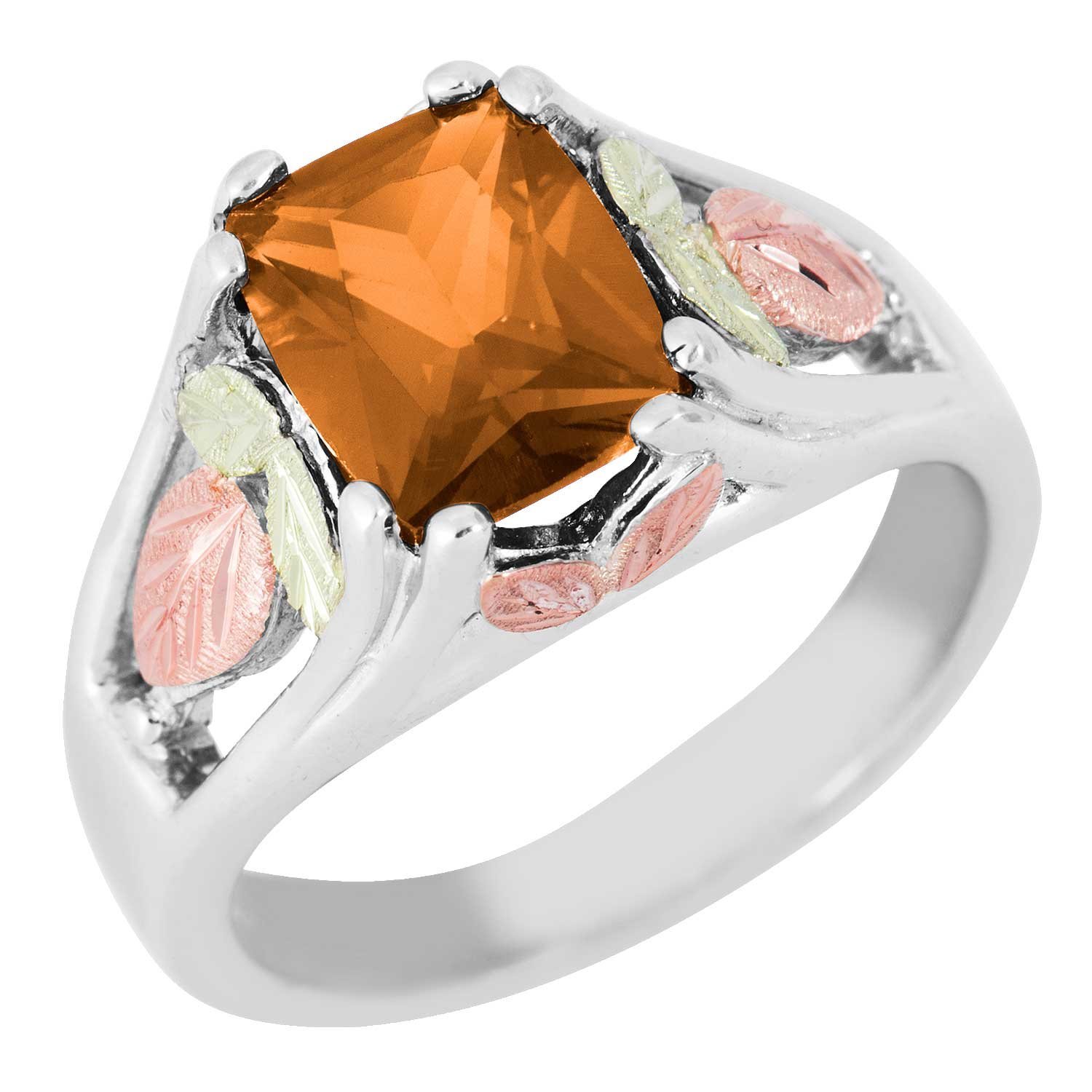 Created Birthstone Ring, Rhodium Plated Sterling Silver, 12k Green and Rose Gold Black Hills Silver Motif.  