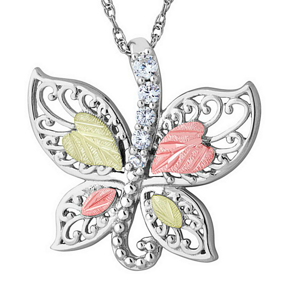 Scrollwork Butterfly with CZ Pendant Necklace, Sterling Silver, 12k Green and Rose Gold Black Hills Gold Motif