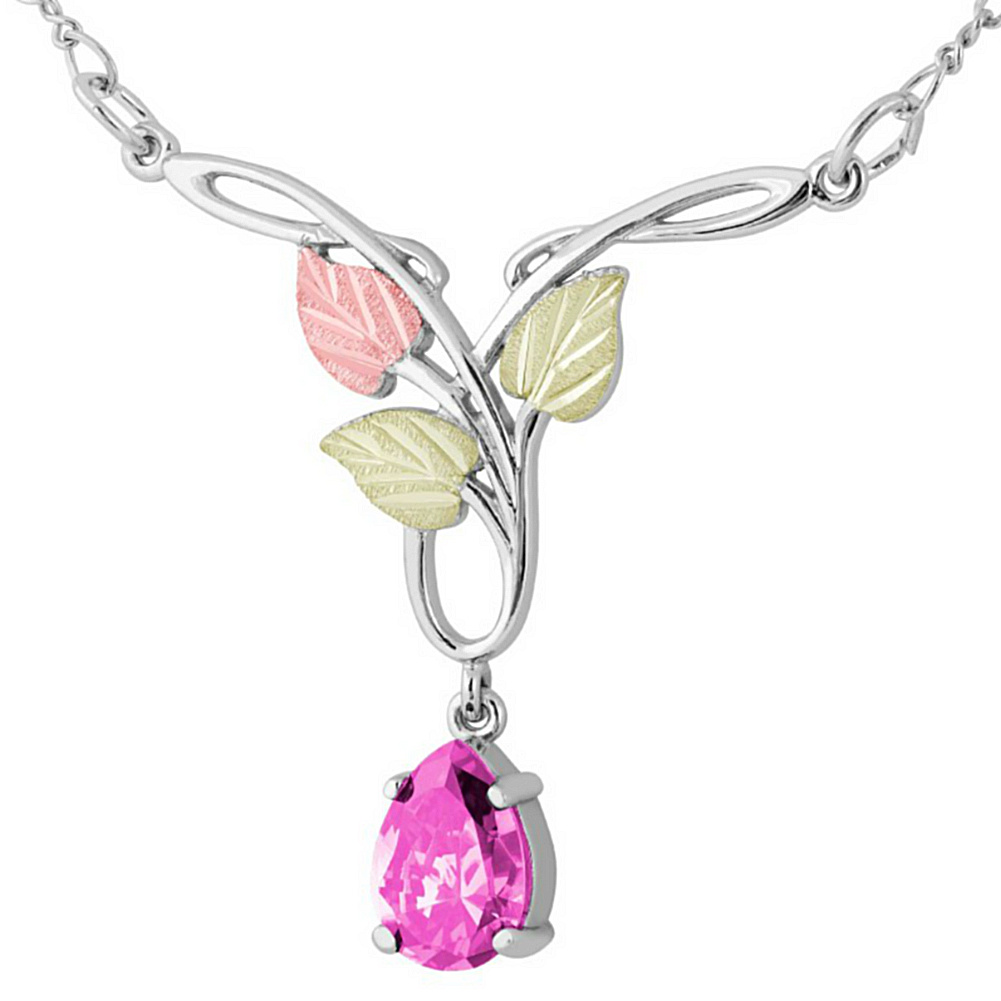 Pink Cubic Zirconia Pendant Necklace, Sterling Silver, 12k Green and Rose Gold Black Hills Gold Motif