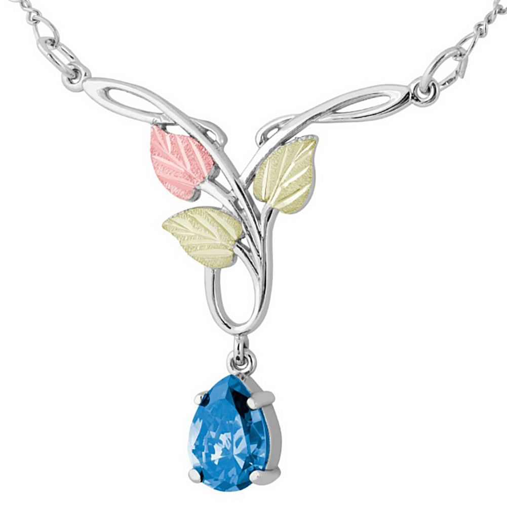 Swiss Blue Pendant Necklace, Sterling Silver, 12k Green and Rose Gold Black Hills Gold Motif