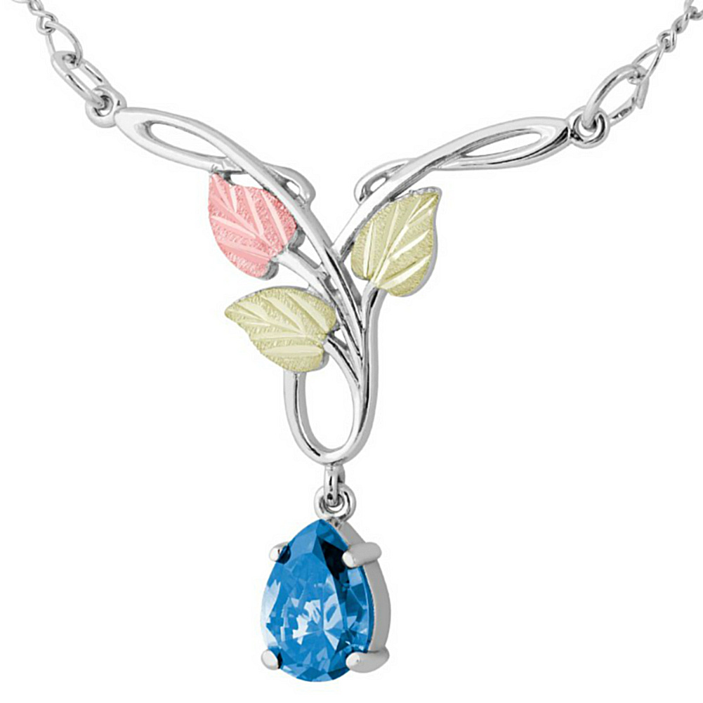 Swiss Blue Pendant Necklace, Sterling Silver, 12k Green and Rose Gold Black Hills Gold Motif