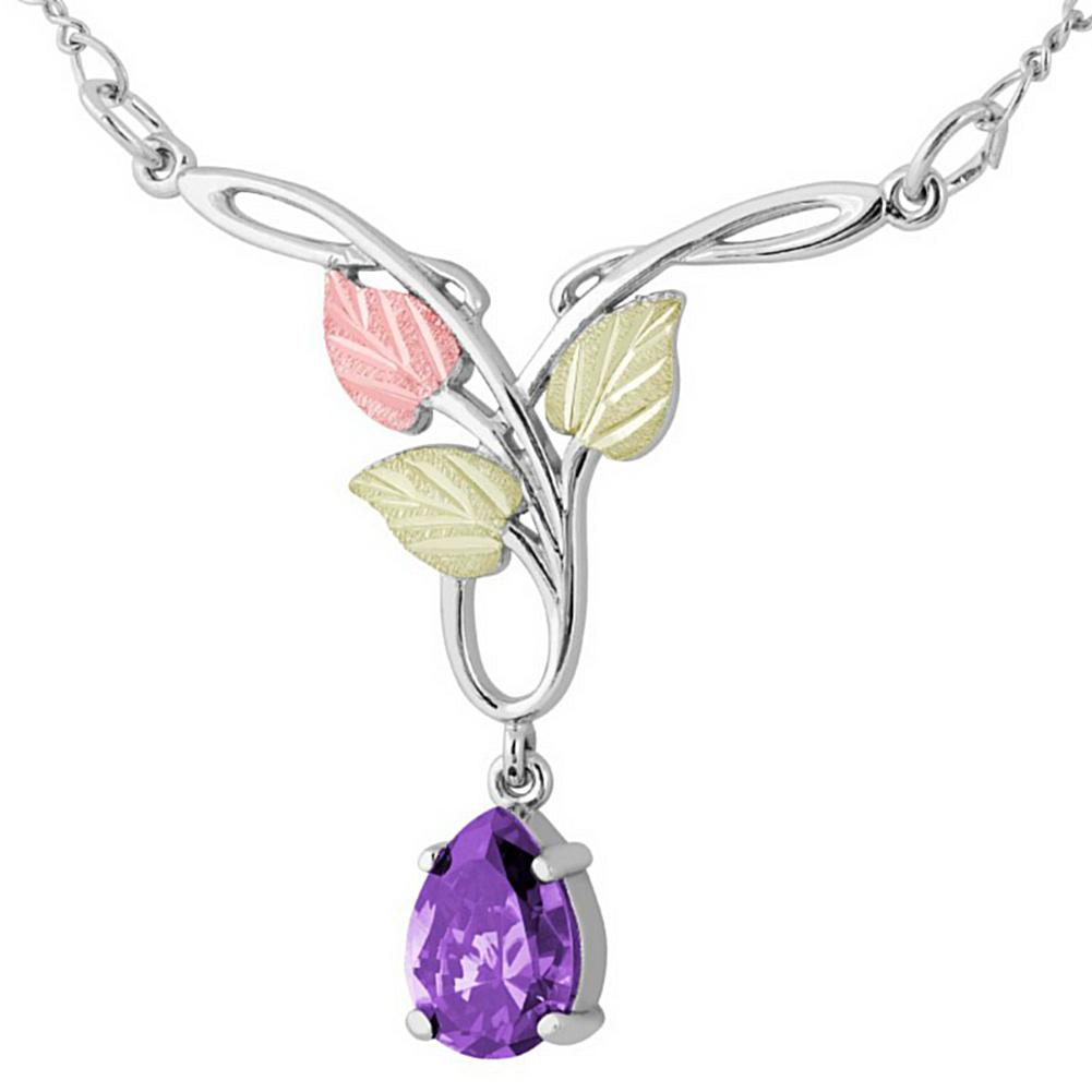 Amethyst Pendant Necklace, Sterling Silver, 12k Green and Rose Gold Black Hills Gold Motif