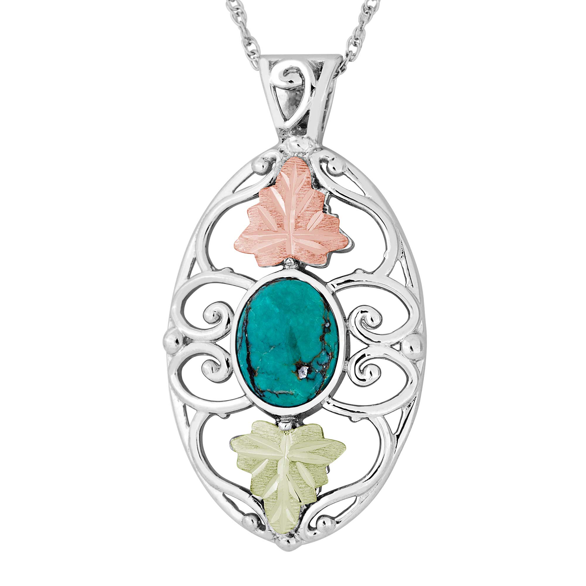 Turquoise Pendant Necklace, Sterling Silver, 12k Green and Rose Gold Black Hills Gold Motif