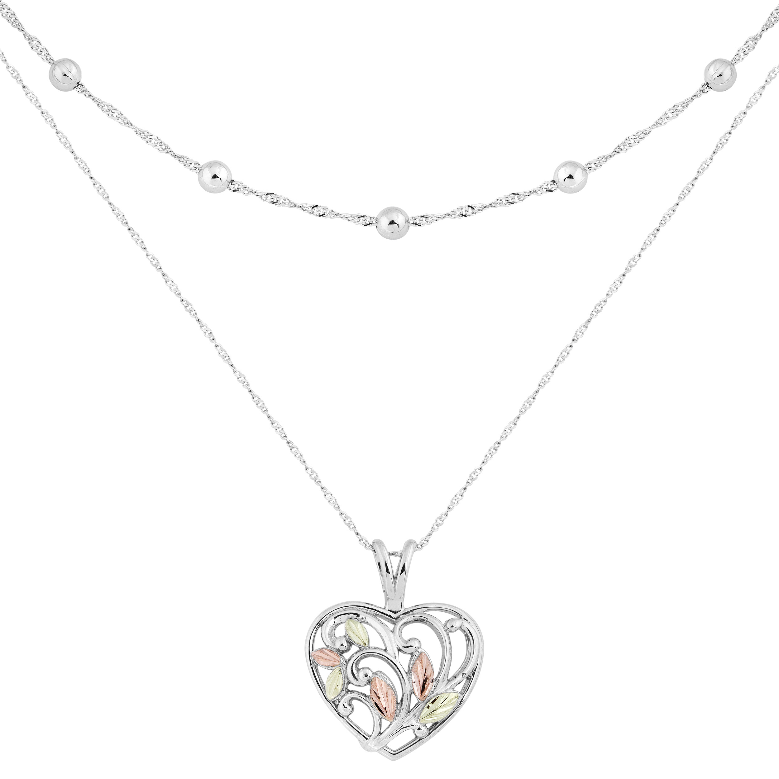 Heart Pendant Necklace, Sterling Silver, 12k Green and Rose Gold Black Hills Gold Motif, 18