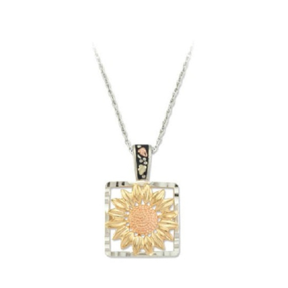 Sunflower Pendant Necklace, Rhodium Plate Rhodium Plate Sterling Silver, 12k Rose and Green Gold Black Hill Gold Motif. 