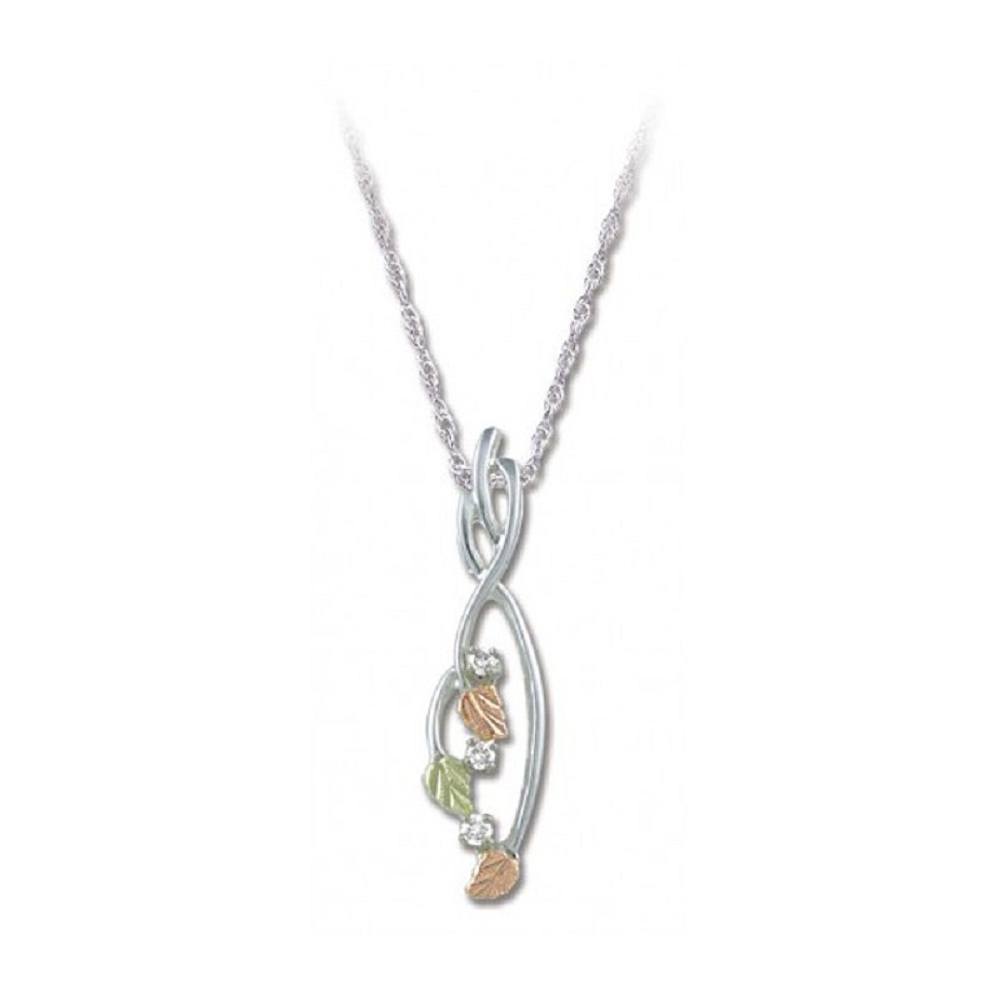 Swirl Vines with Diamond Pendant Necklace, Rhodium Plate Rhodium Plate Sterling Silver, 12k Rose and Green Gold Black Hill Gold Motif. 