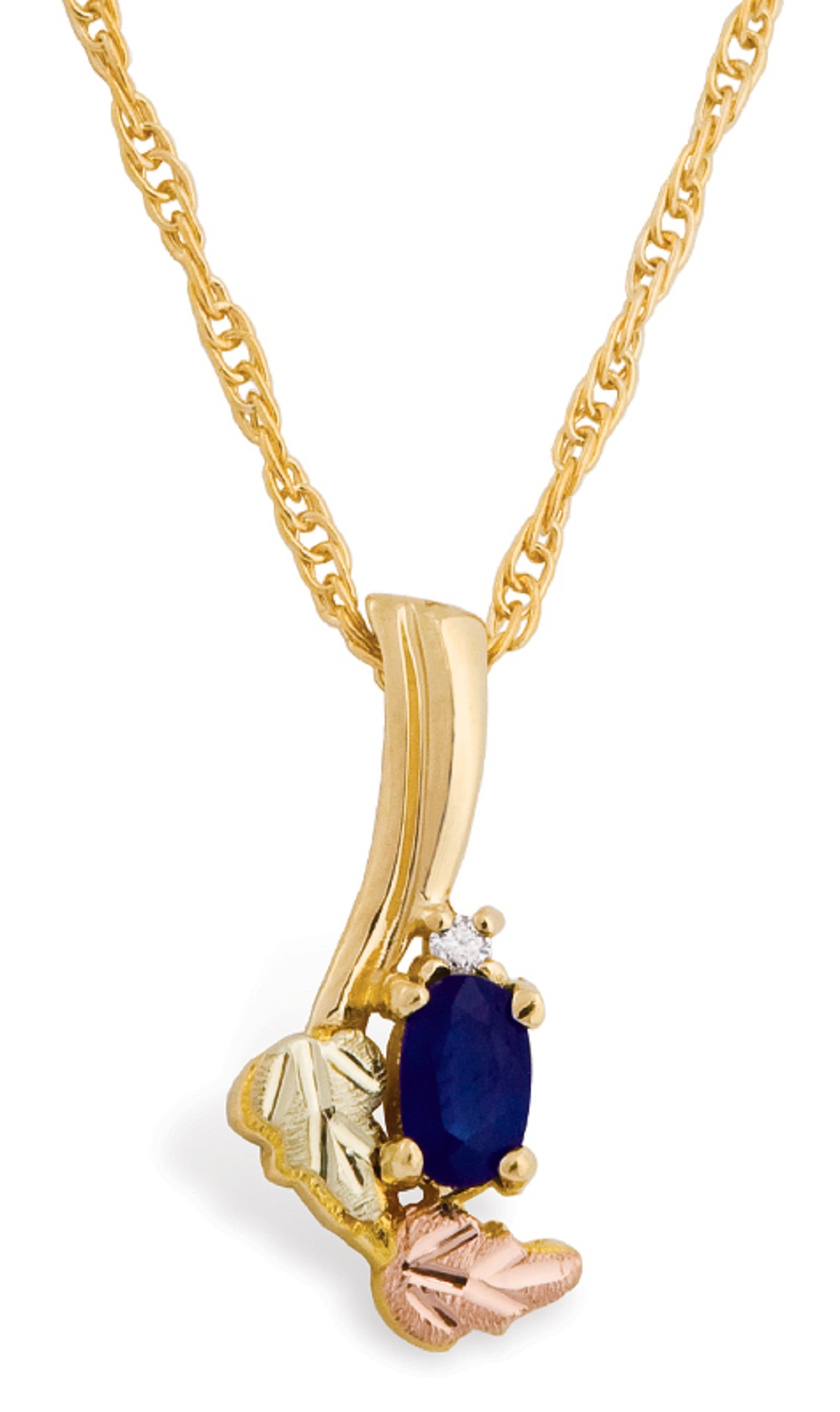 Black Hills Gold Necklace with Blue Sapphire and Diamond Pendant. 
