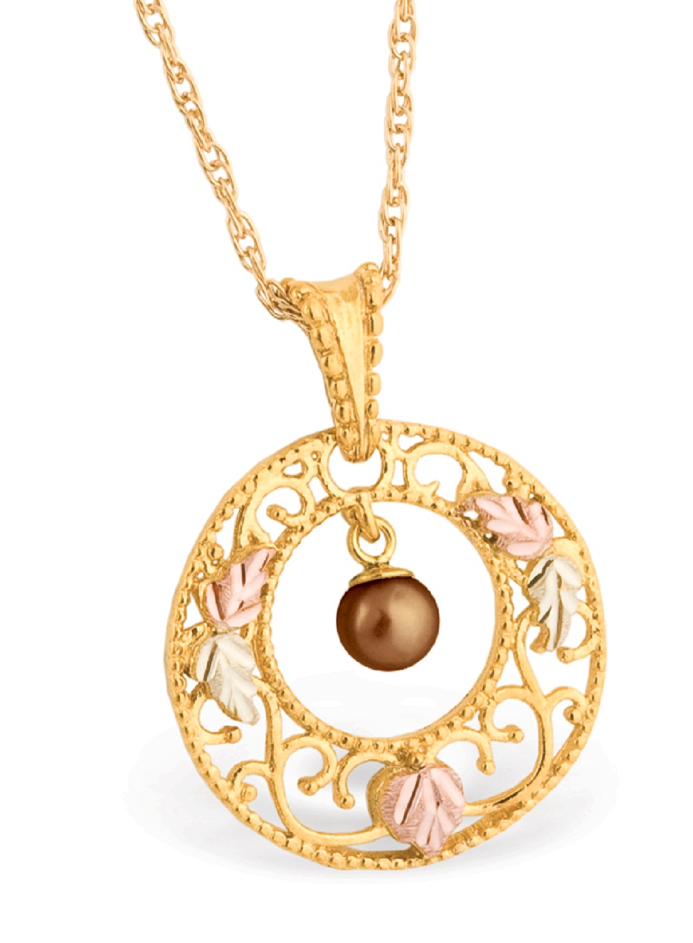 Black Hills Gold Necklace with Brown Pearl inside Circle and Grape Leaf Pendant. 