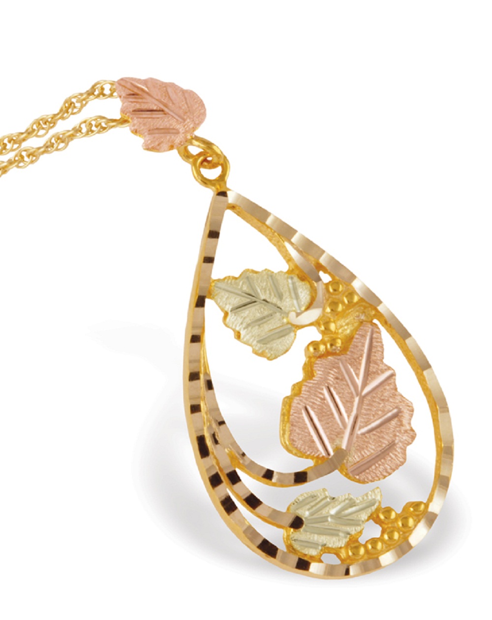 Black Hills Gold Necklace with Tear Drop Grape Leaves Pendant. 