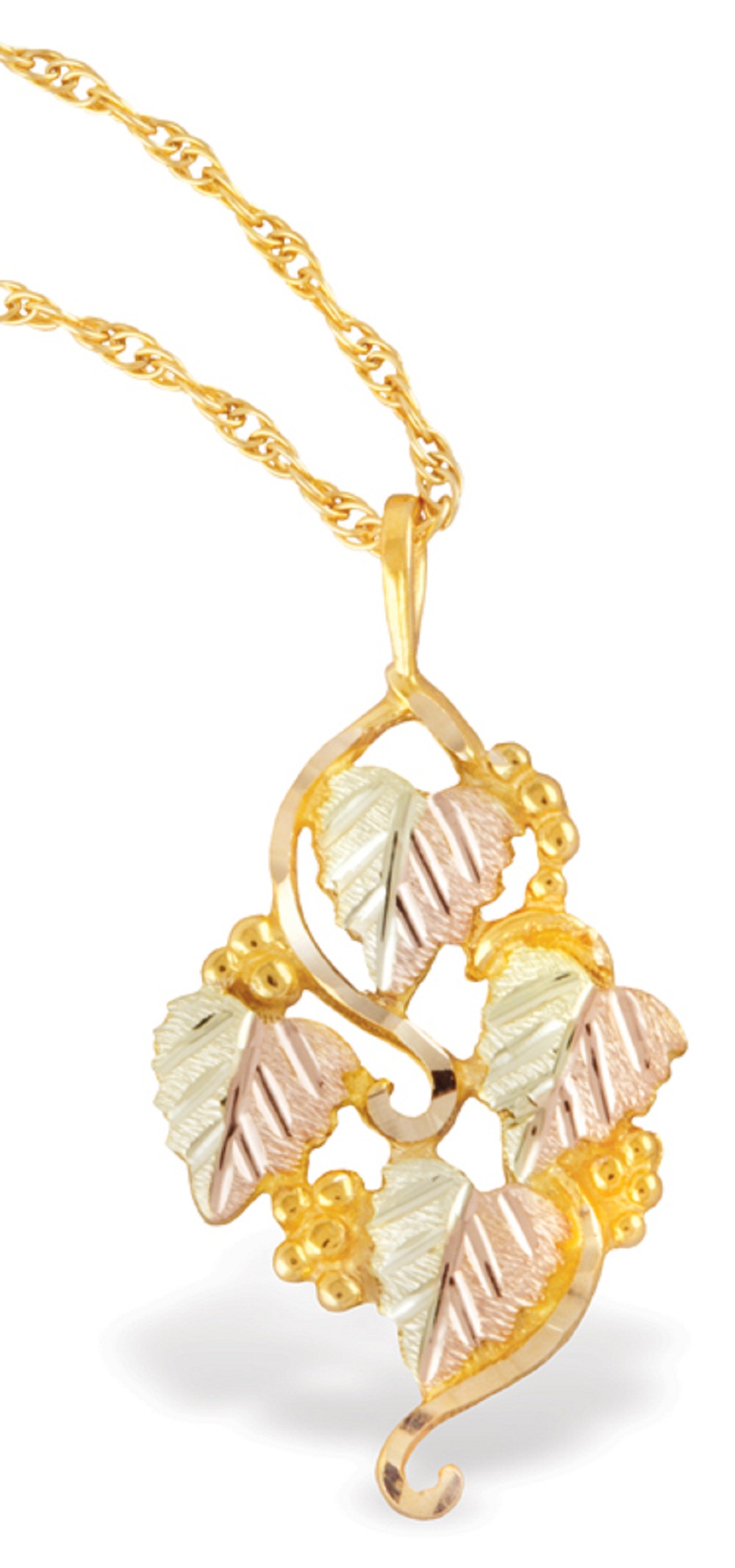 Black Hills Gold Necklace with Grape Leaf Cluster Pendant. 