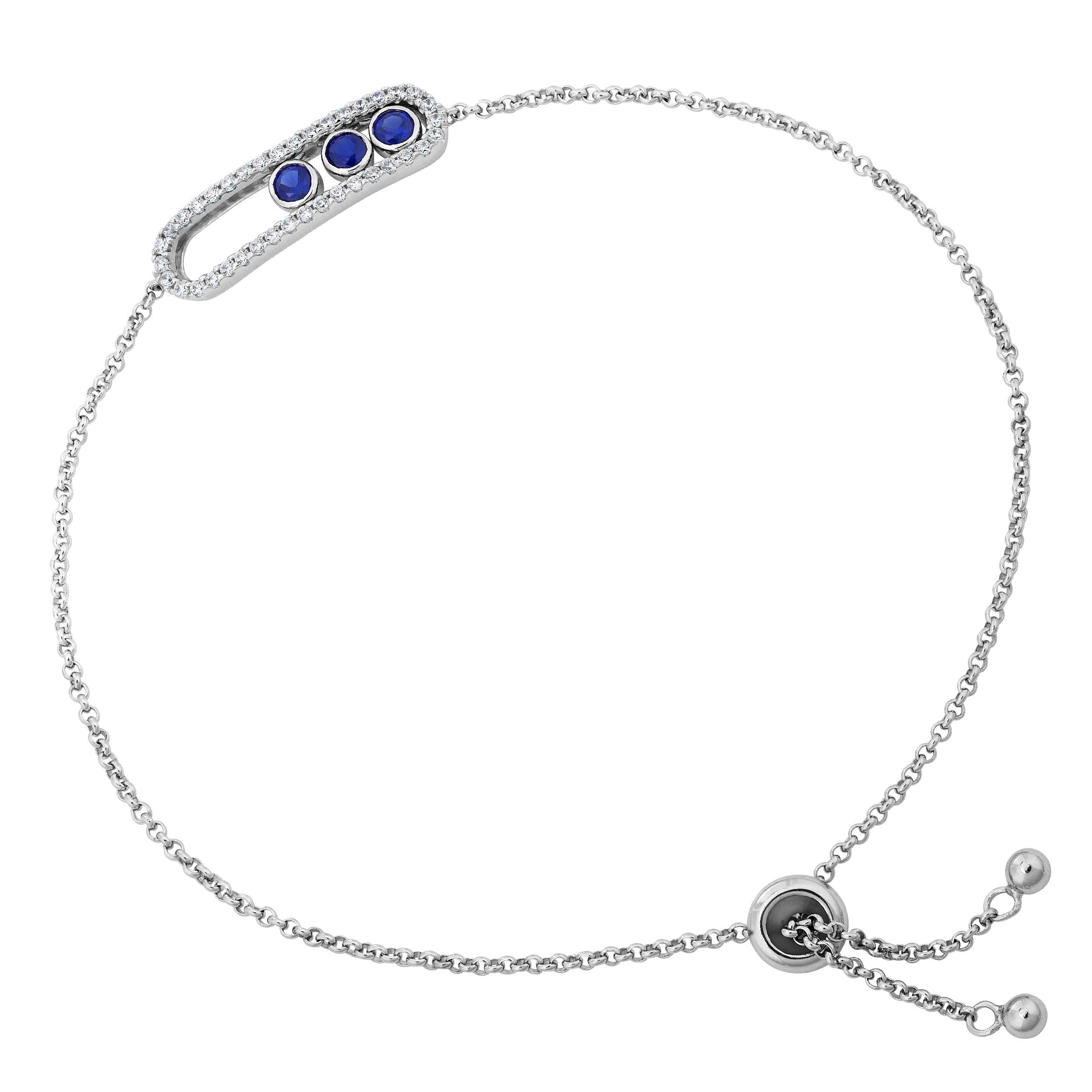 3-Sliding Stone Created Blue Sapphire and White Topaz Bracelets, Rhodium Plated Sterling Silver