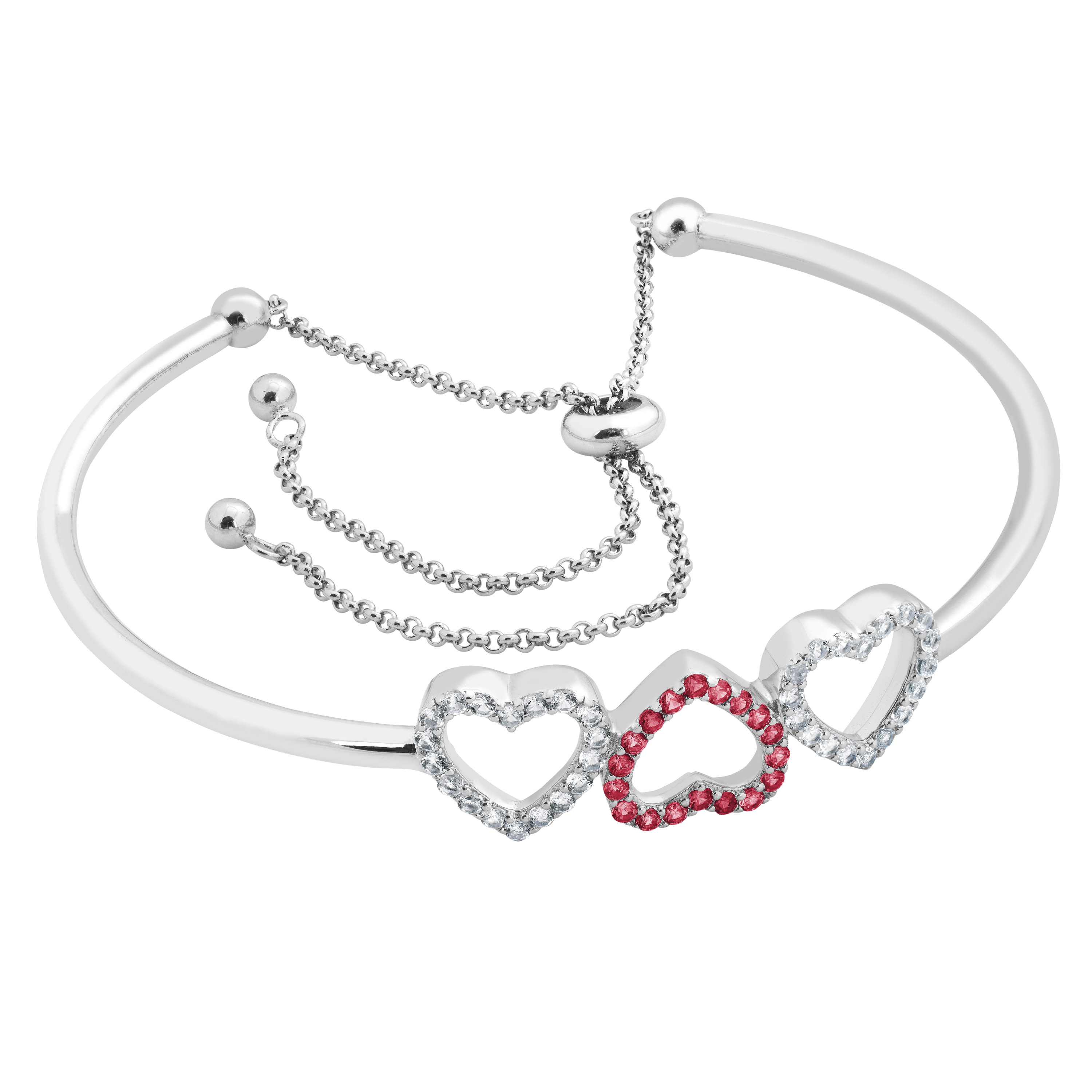 Created Ruby and CZ Heart Bangle Bolo Bracelets, Rhodium Plated Sterling Silver