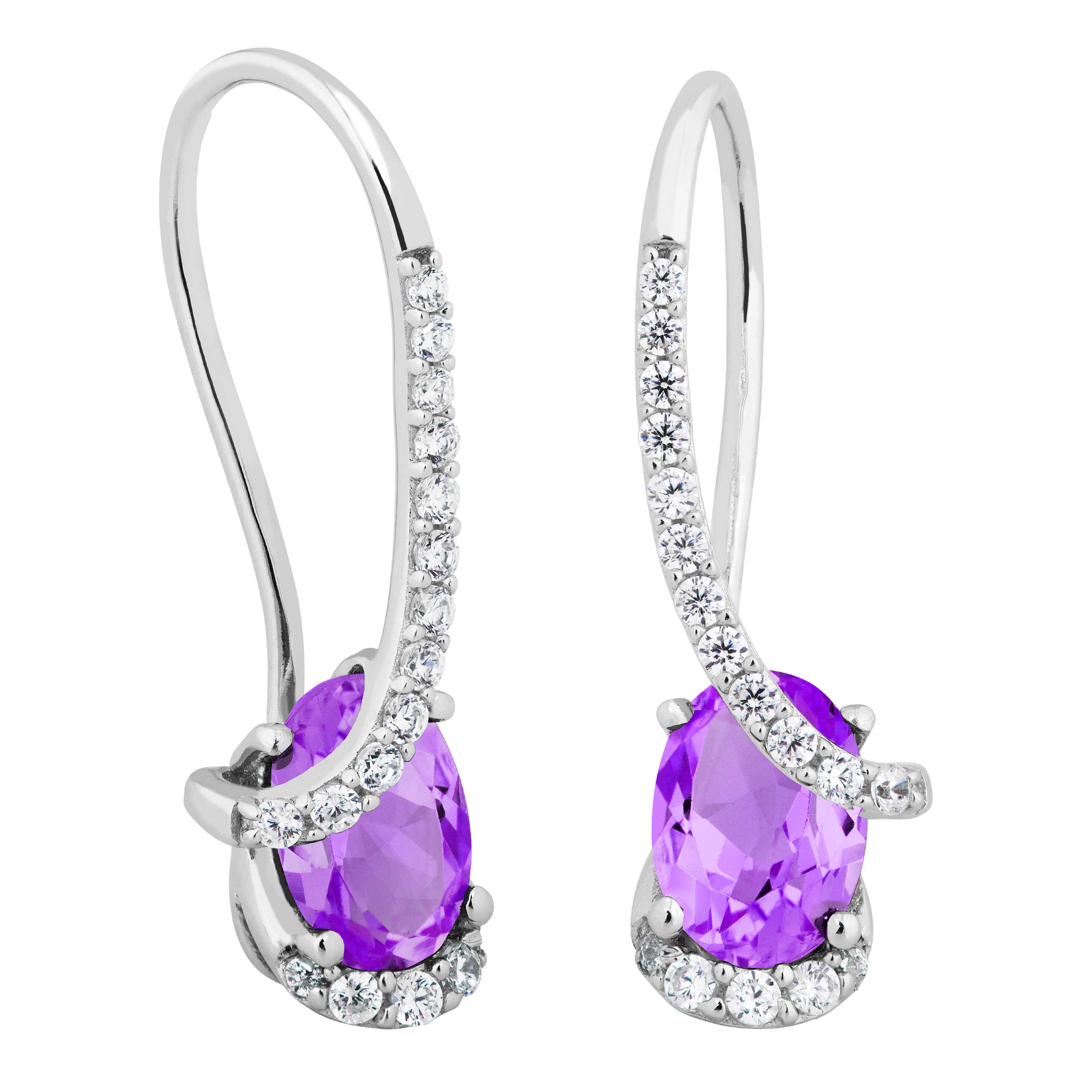 Oval  Brazillian Amethyst and White Topaz Earrings, Rhodium Plated Sterling Silver