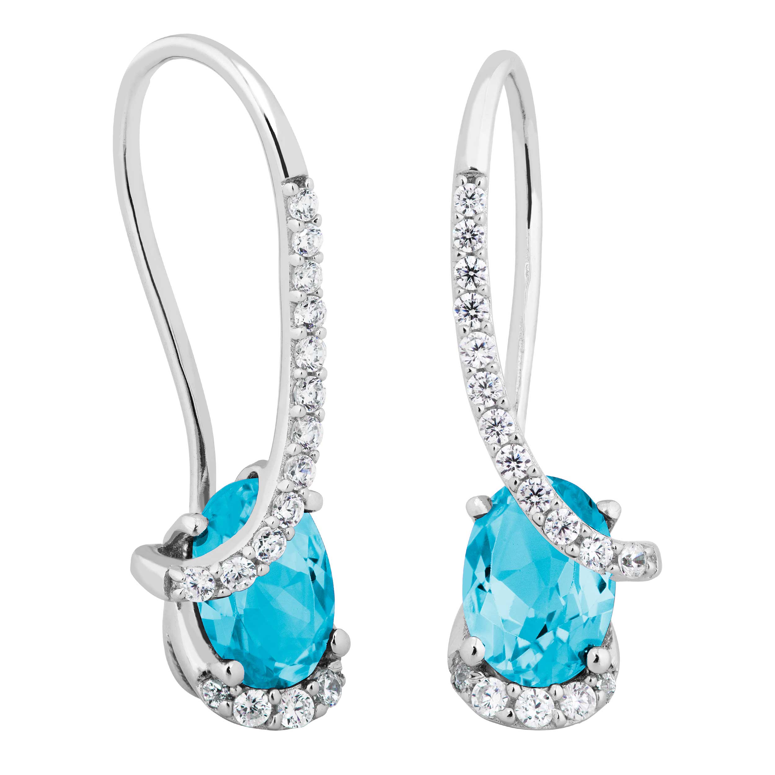Oval Swiss Blue Topaz and White Topaz Earrings, Rhodium Plated Sterling Silver