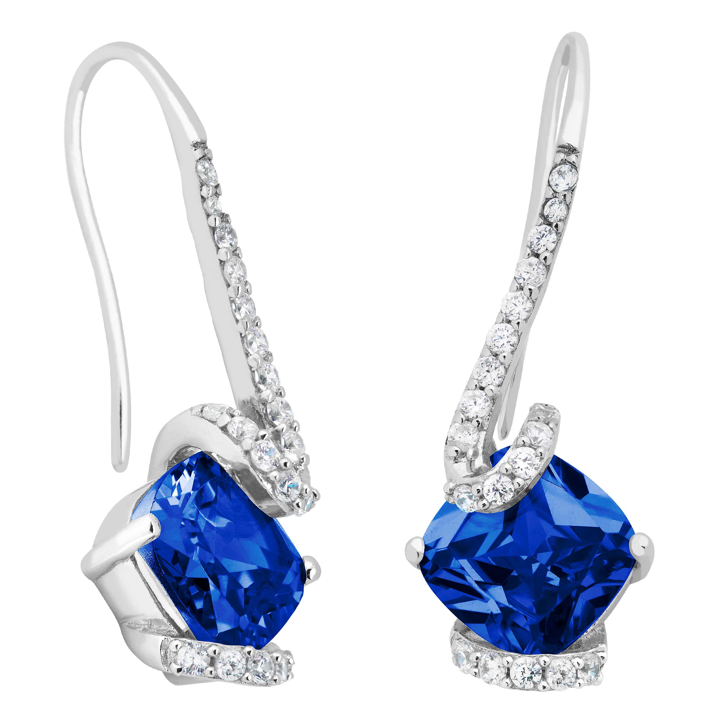 Cushion-Cut Created Blue Sapphire and White Topaz Earrings, Rhodium Plated Sterling Silver