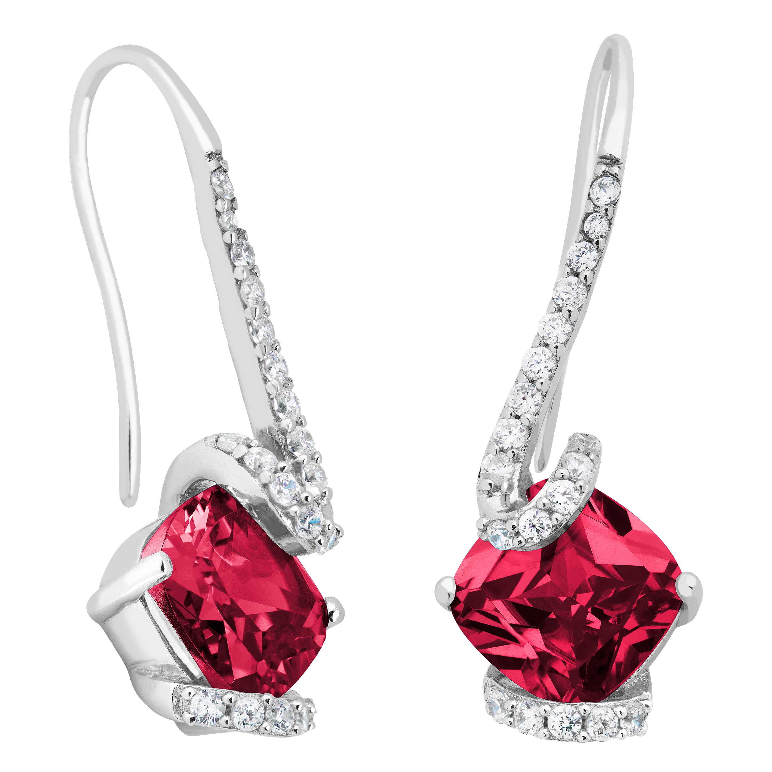 Cushion-Cut Created Ruby and White Topaz Earrings, Rhodium Plated Sterling Silver