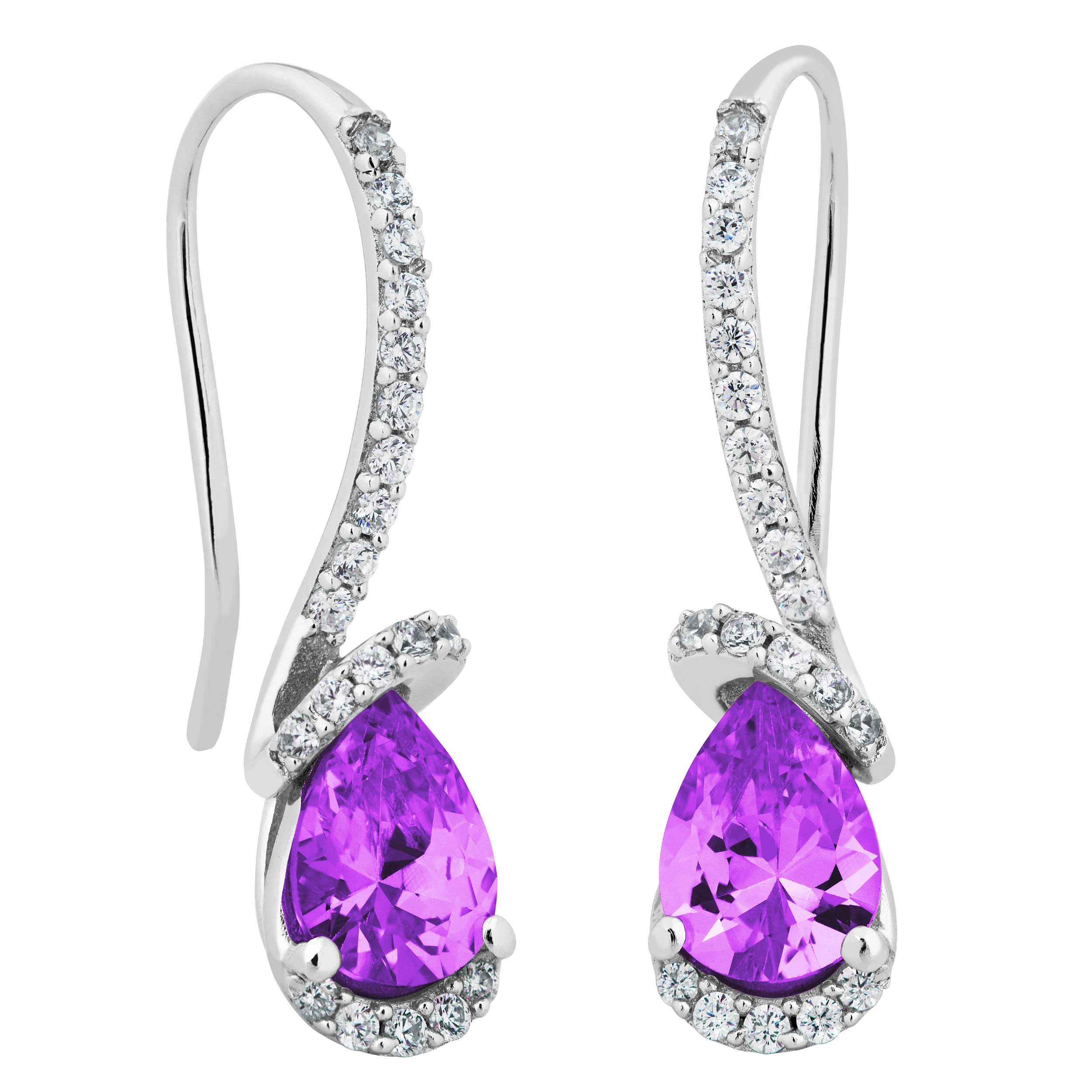 Pear Brazillian Amethyst and White Topaz Earrings, Rhodium Plated Sterling Silver