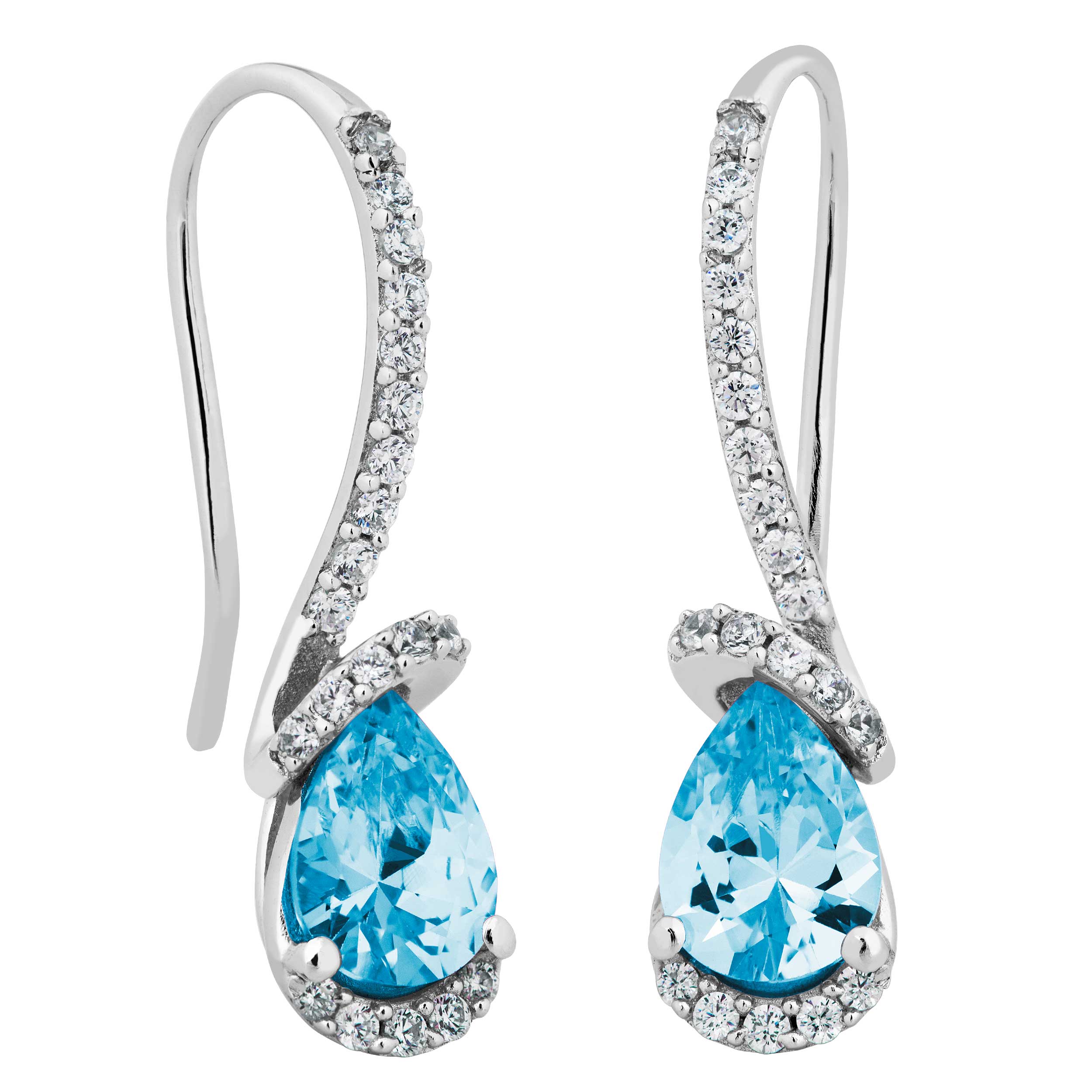 Pear Swiss Blue Topaz and White Topaz Earrings, Rhodium Plated Sterling Silver