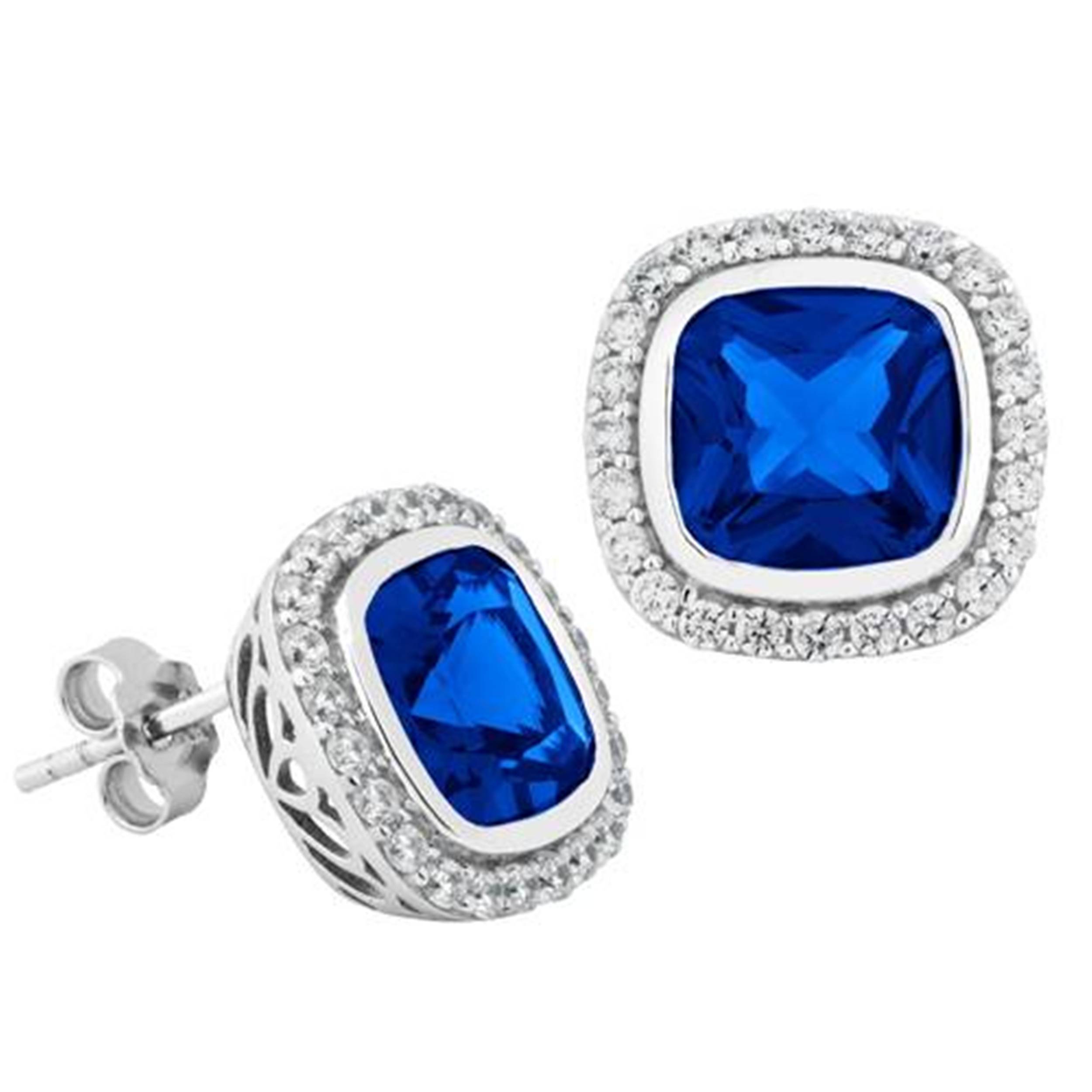 Inlaid Cushion-Cut Created Blue Sapphire and White Topaz Stud Earrings, Rhodium Plated Sterling Silver