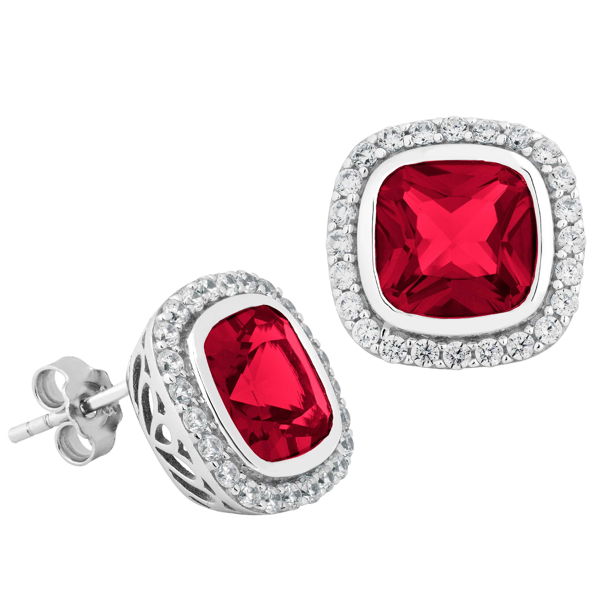 Inlaid Cushion-Cut Created Ruby and White Topaz Stud Earrings, Rhodium Plated Sterling Silver