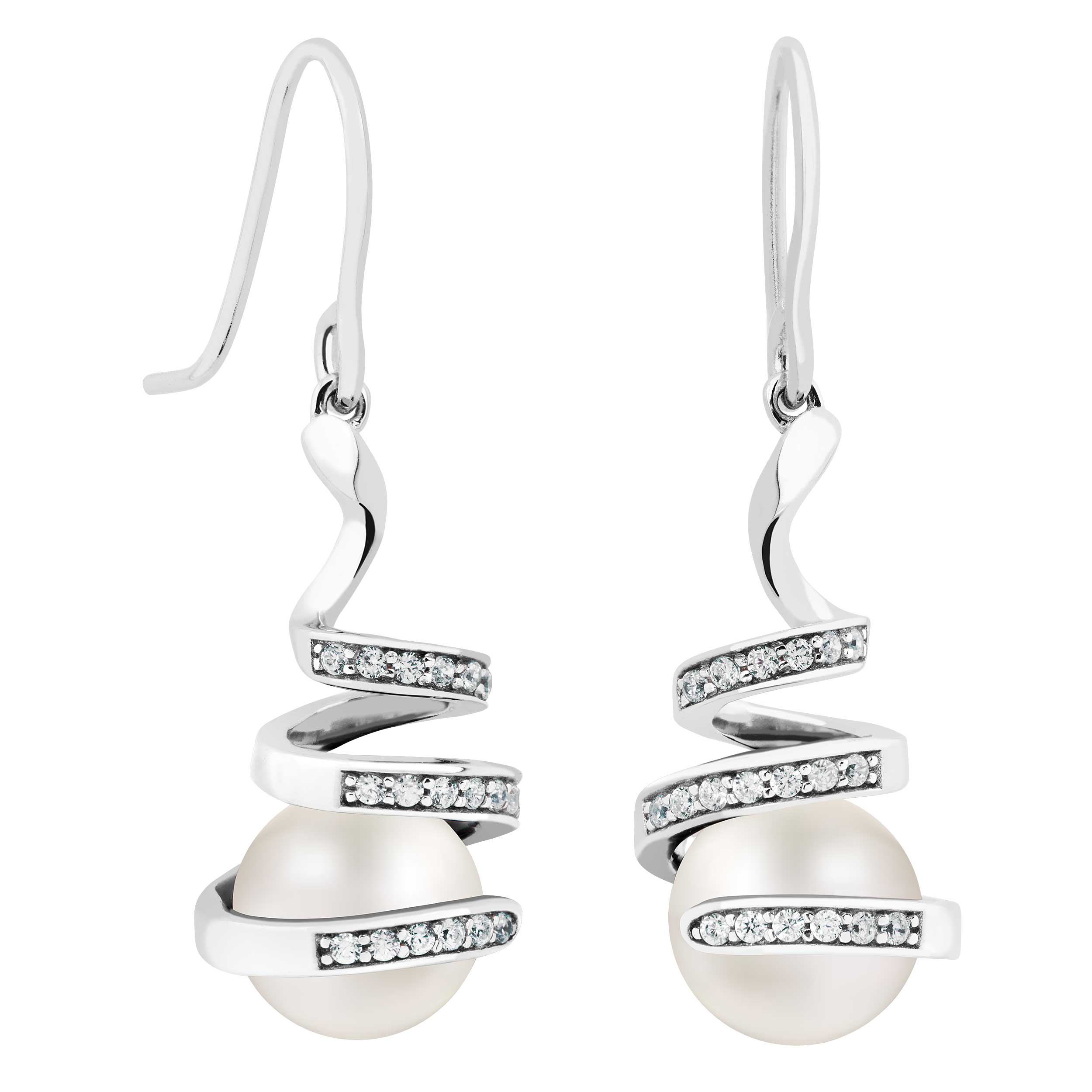 White Pearl Earrings, Rhodium Plated Sterling Silver
