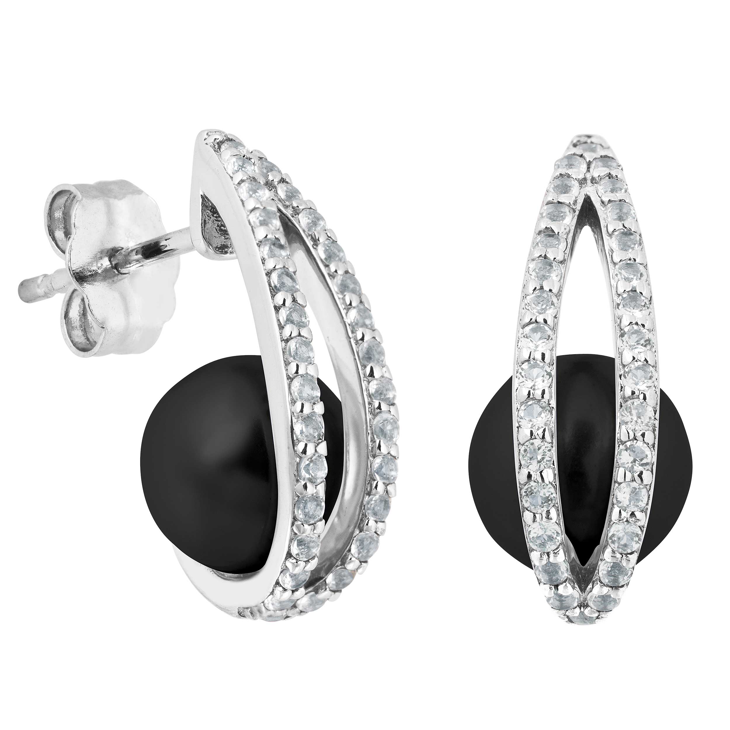 Round Black Onyx Earrings, Rhodium Plated Sterling Silver