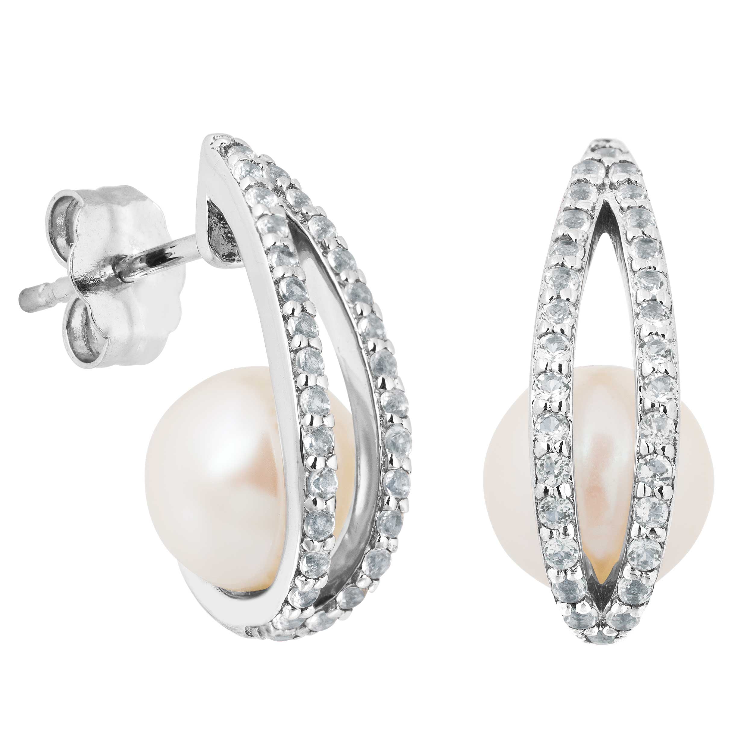 Round White Pearl Earrings, Rhodium Plated Sterling Silver