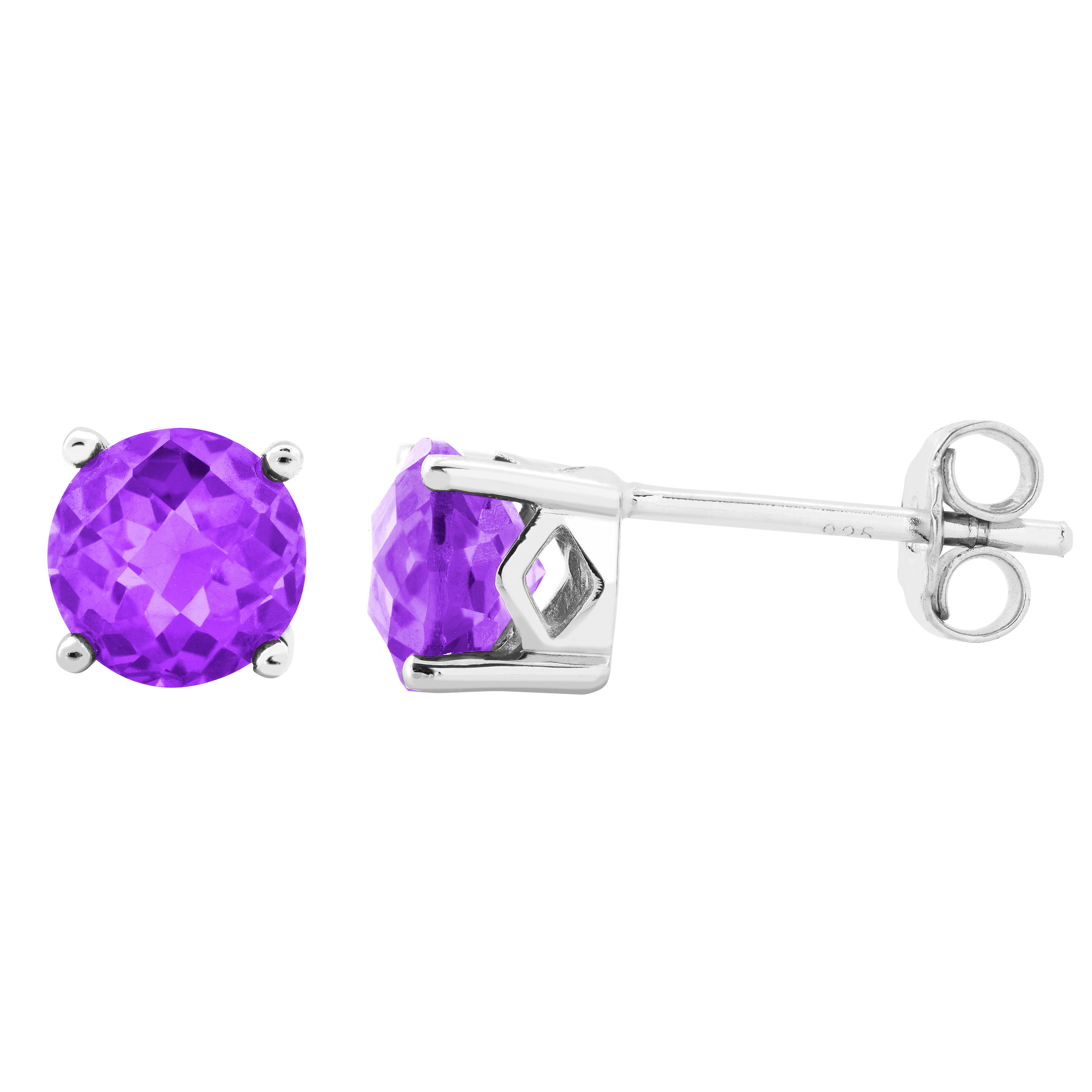 Round Brazillian Amethyst Stud Earrings, Rhodium Plated Sterling Silver