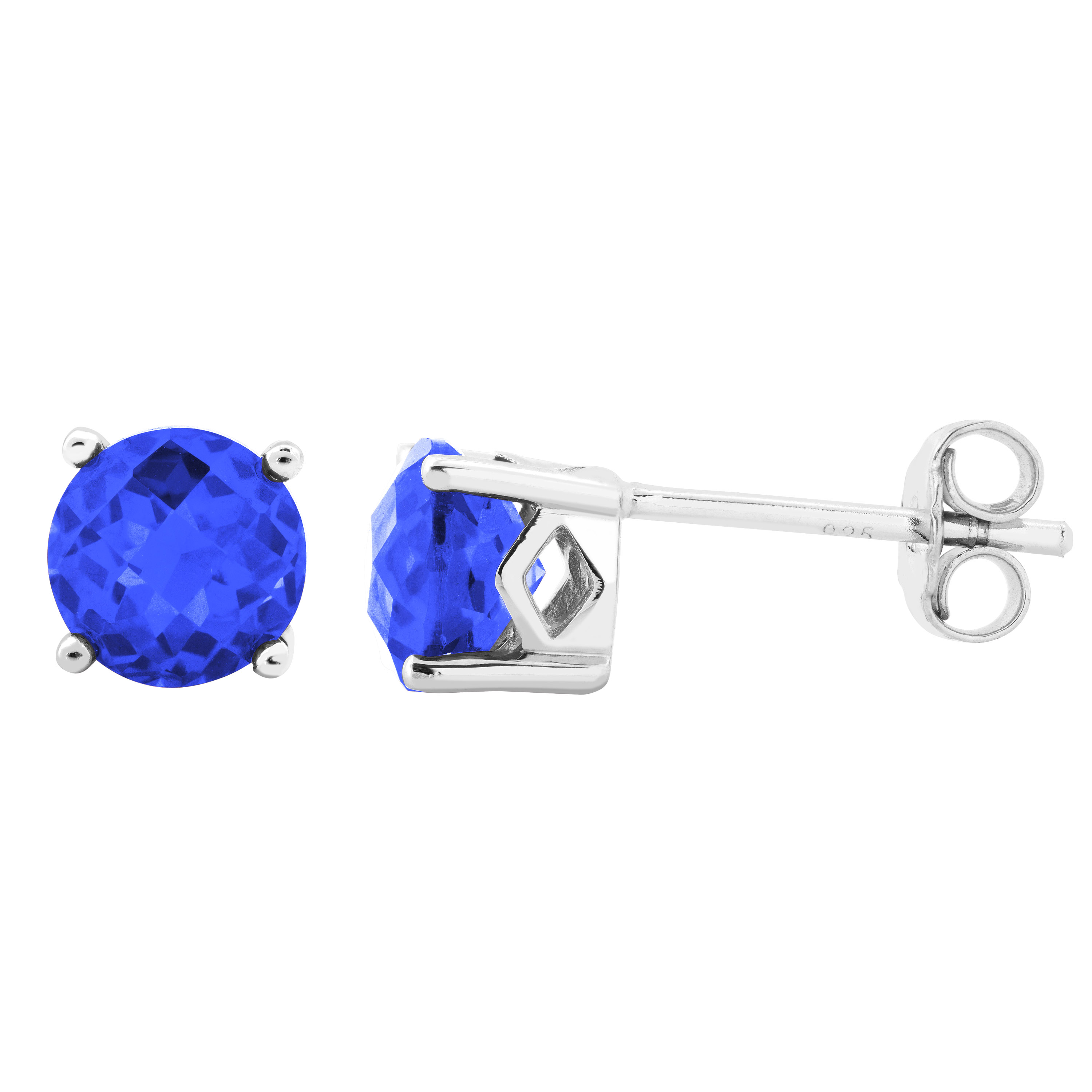 Created Round Blue Sapphire Stud Earrings, Rhodium Plated Sterling Silver