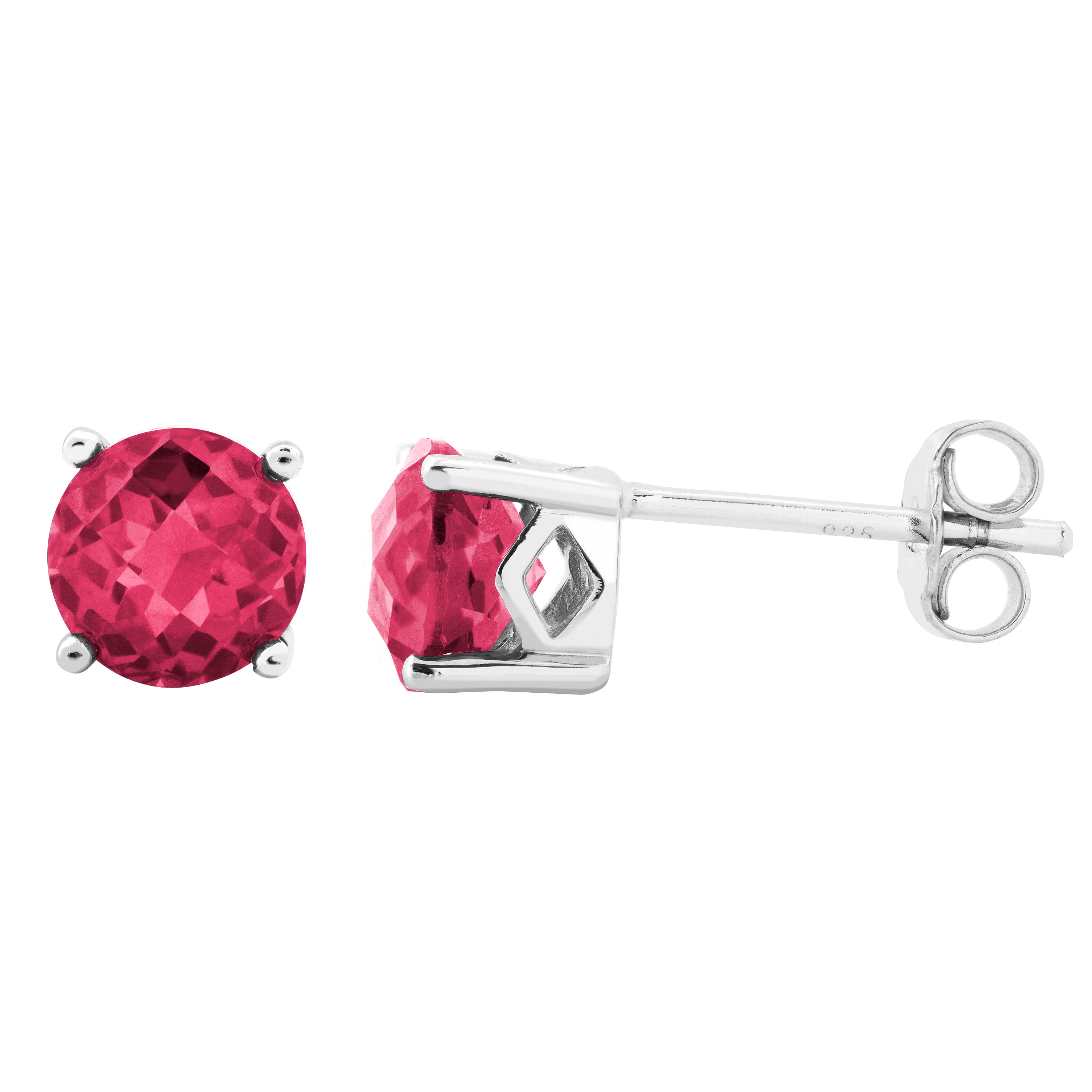 Created Round Ruby Stud Earrings, Rhodium Plated Sterling Silver