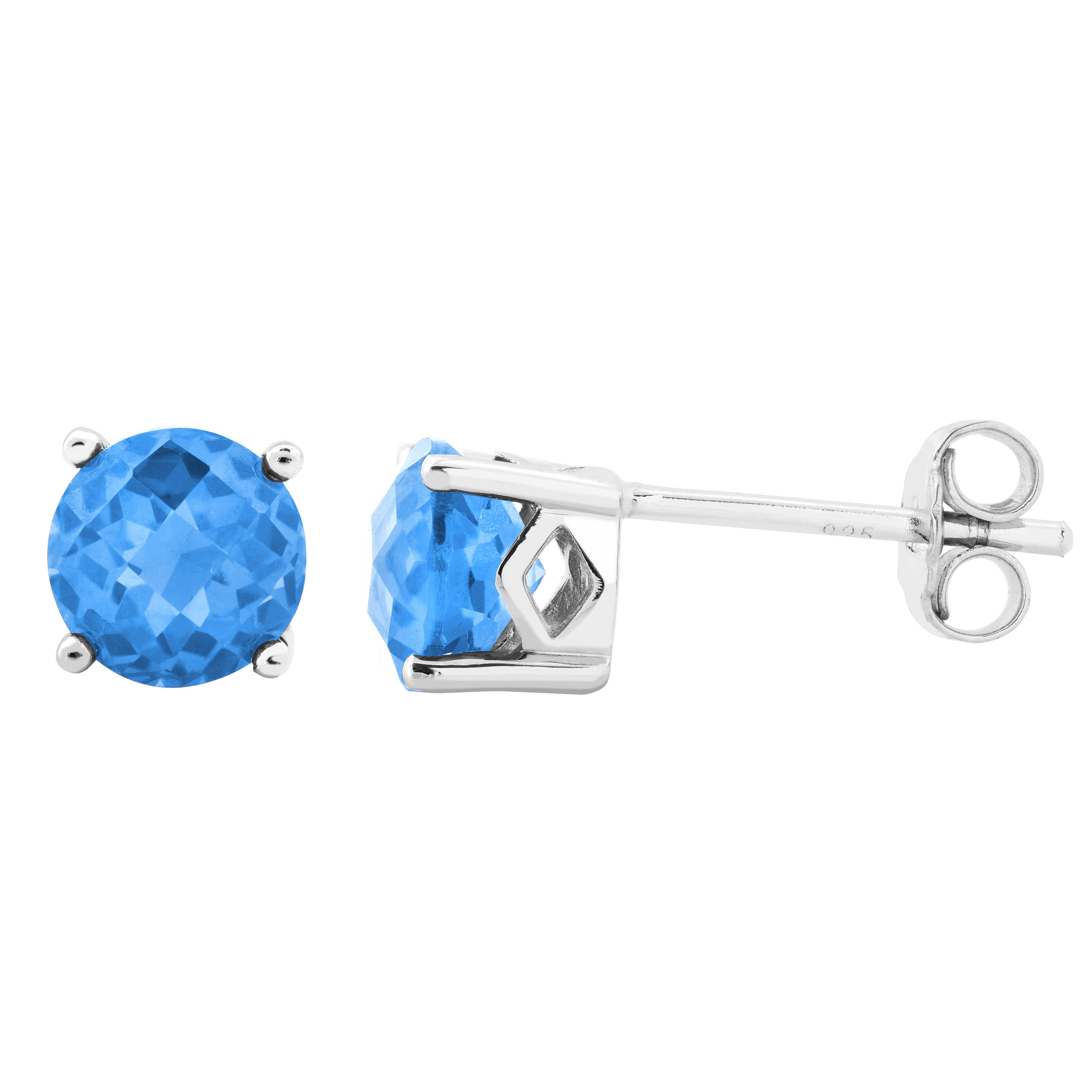 Round Swiss Blue Topaz Stud Earrings, Rhodium Plated Sterling Silver