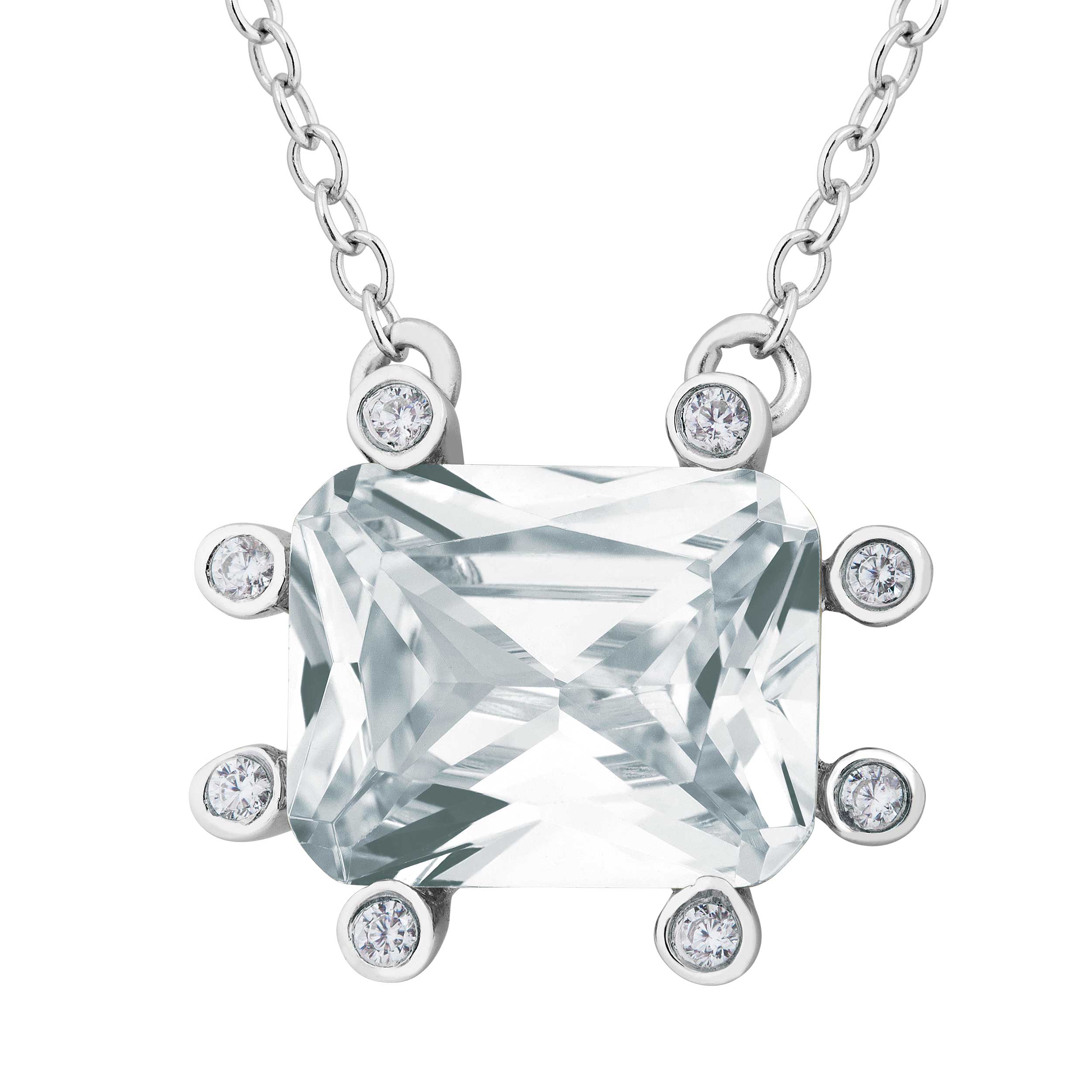   White Topaz Pendant Necklace, Rhodium Plated Sterling Silver