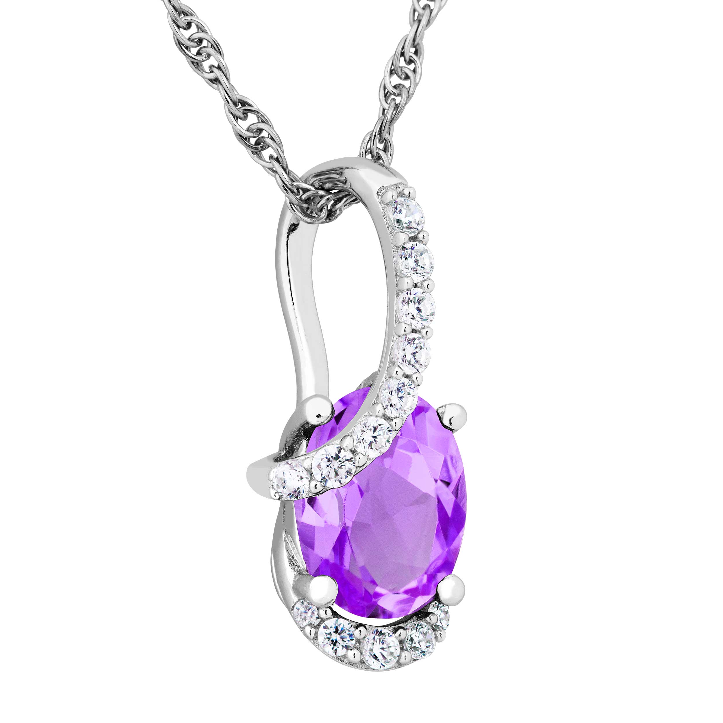 Oval  Brazillian Amethyst and White Topaz Pendant Necklace, Rhodium Plated Sterling Silver