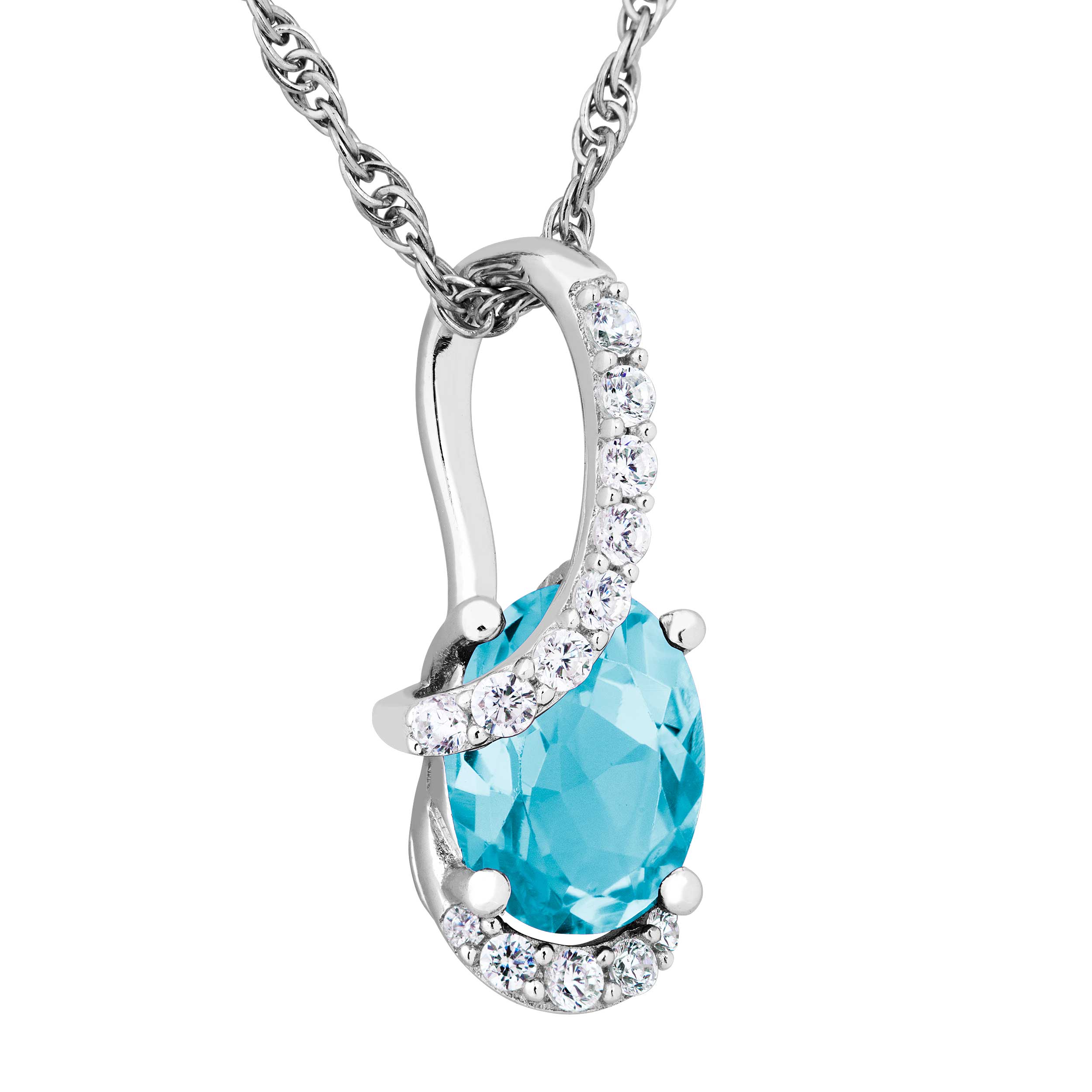 Oval Swiss Blue Topaz and White Topaz Pendant Necklace, Rhodium Plated Sterling Silver