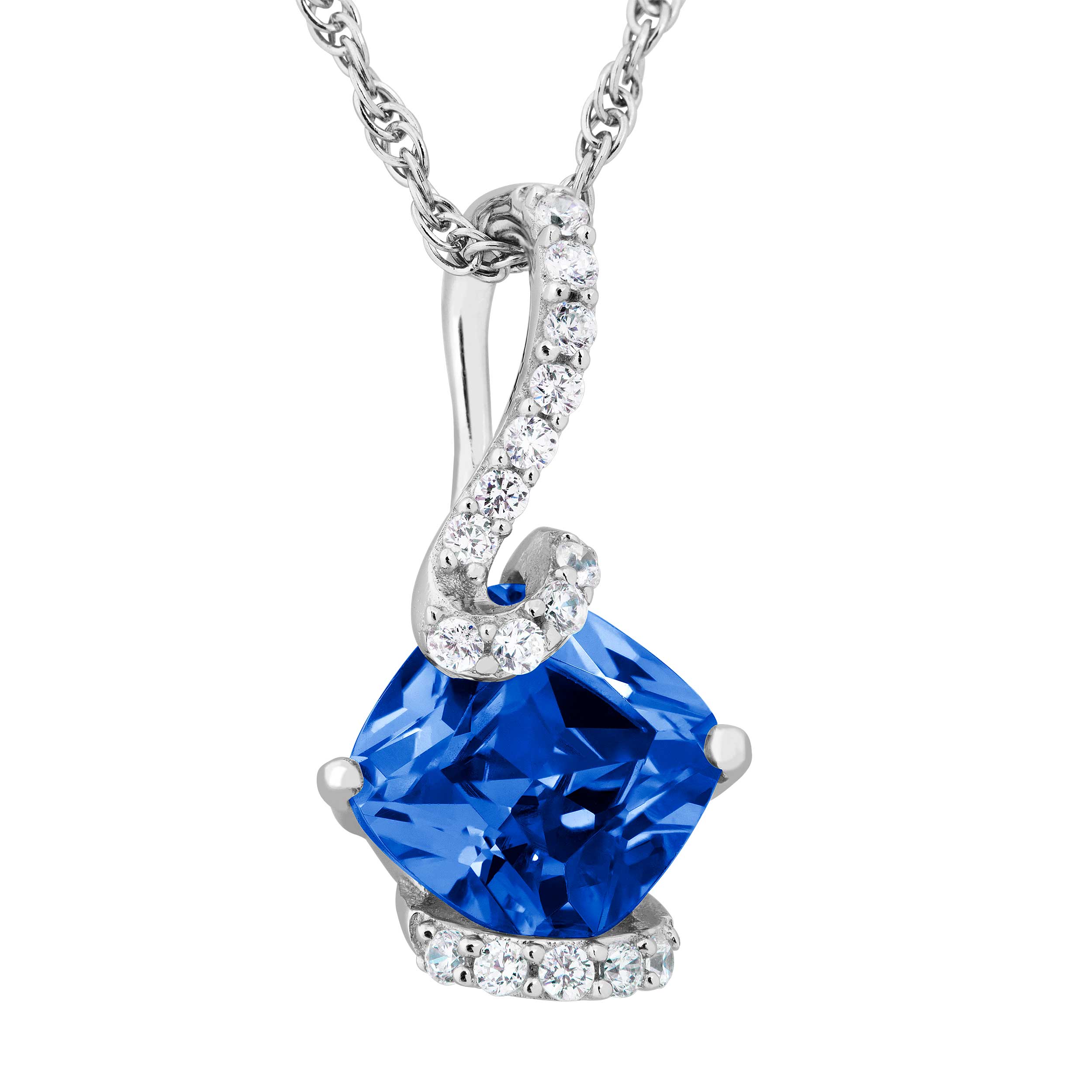 Cushion-Cut Created Blue Sapphire and White Topaz Pendant Necklace, Rhodium Plated Sterling Silver