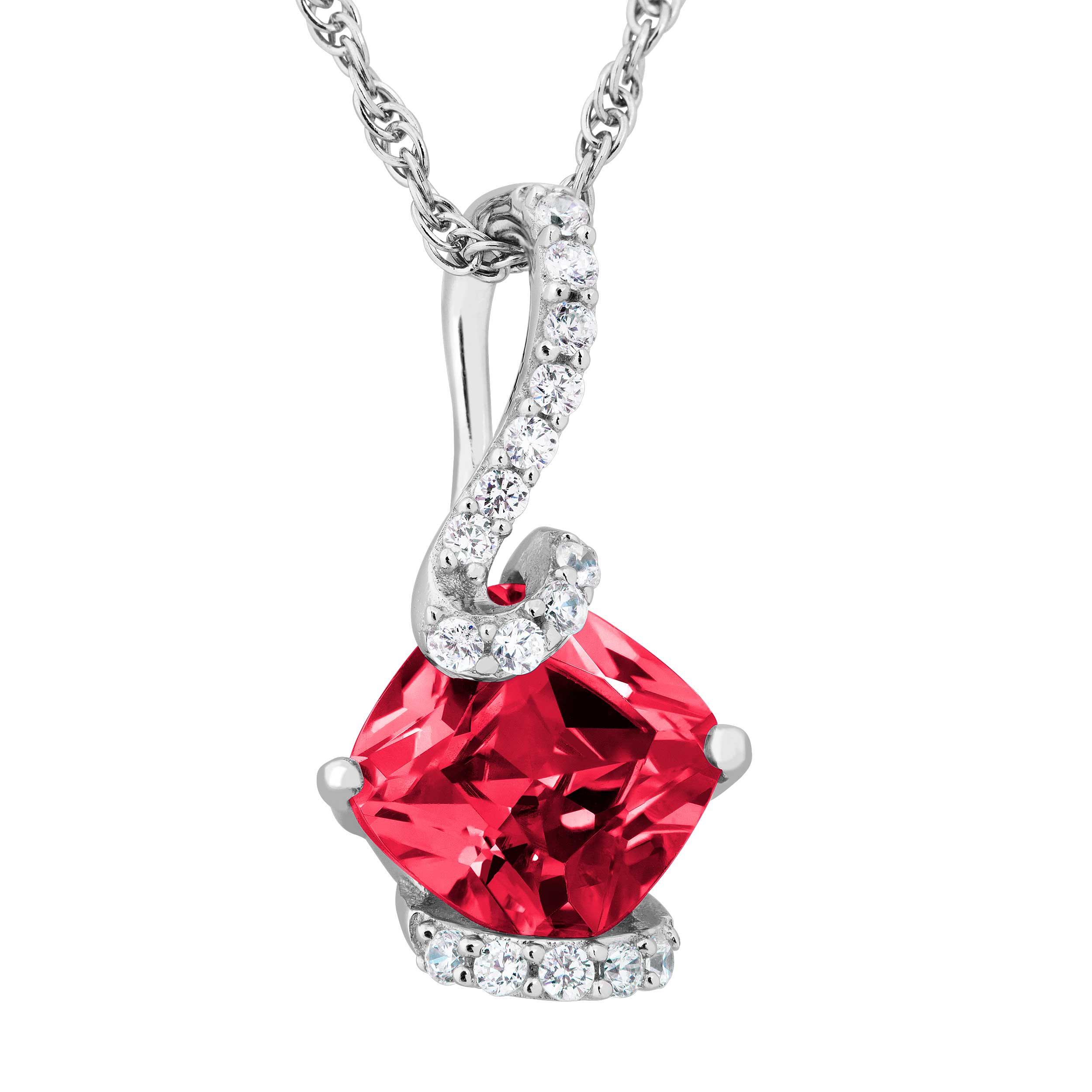 Cushion-Cut Created Ruby and White Topaz Pendant Necklace, Rhodium Plated Sterling Silver
