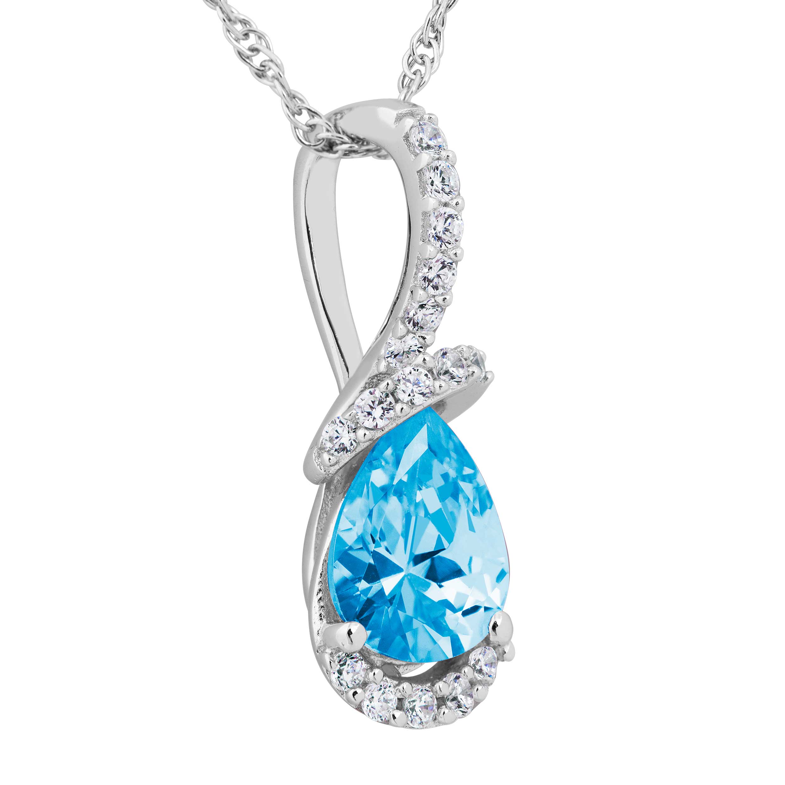 Pear Swiss Blue Topaz and White Topaz Pendant Necklace, Rhodium Plated Sterling Silver