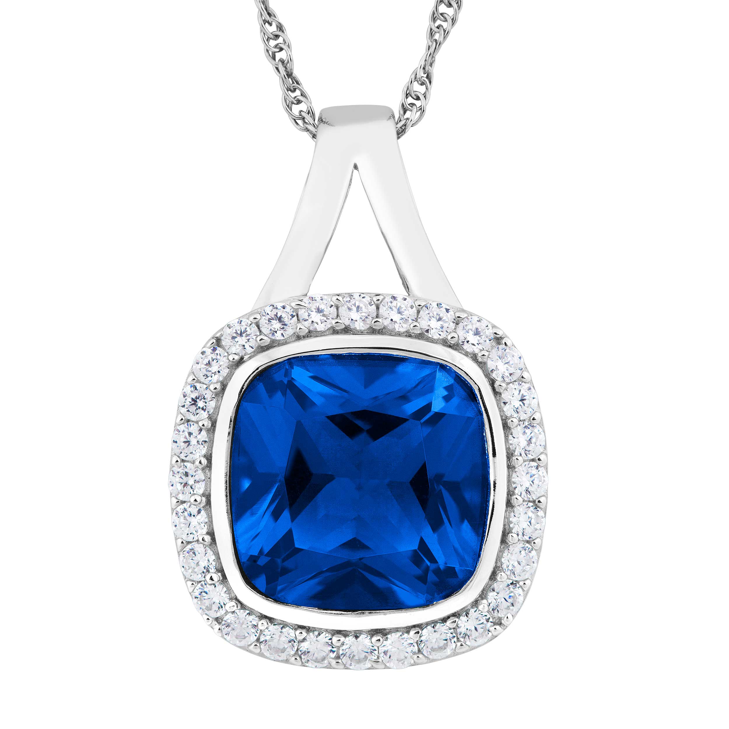 Inlaid Cushion-Cut Created Blue Sapphire and White Topaz Stud Pendant Necklace, Rhodium Plated Sterling Silver