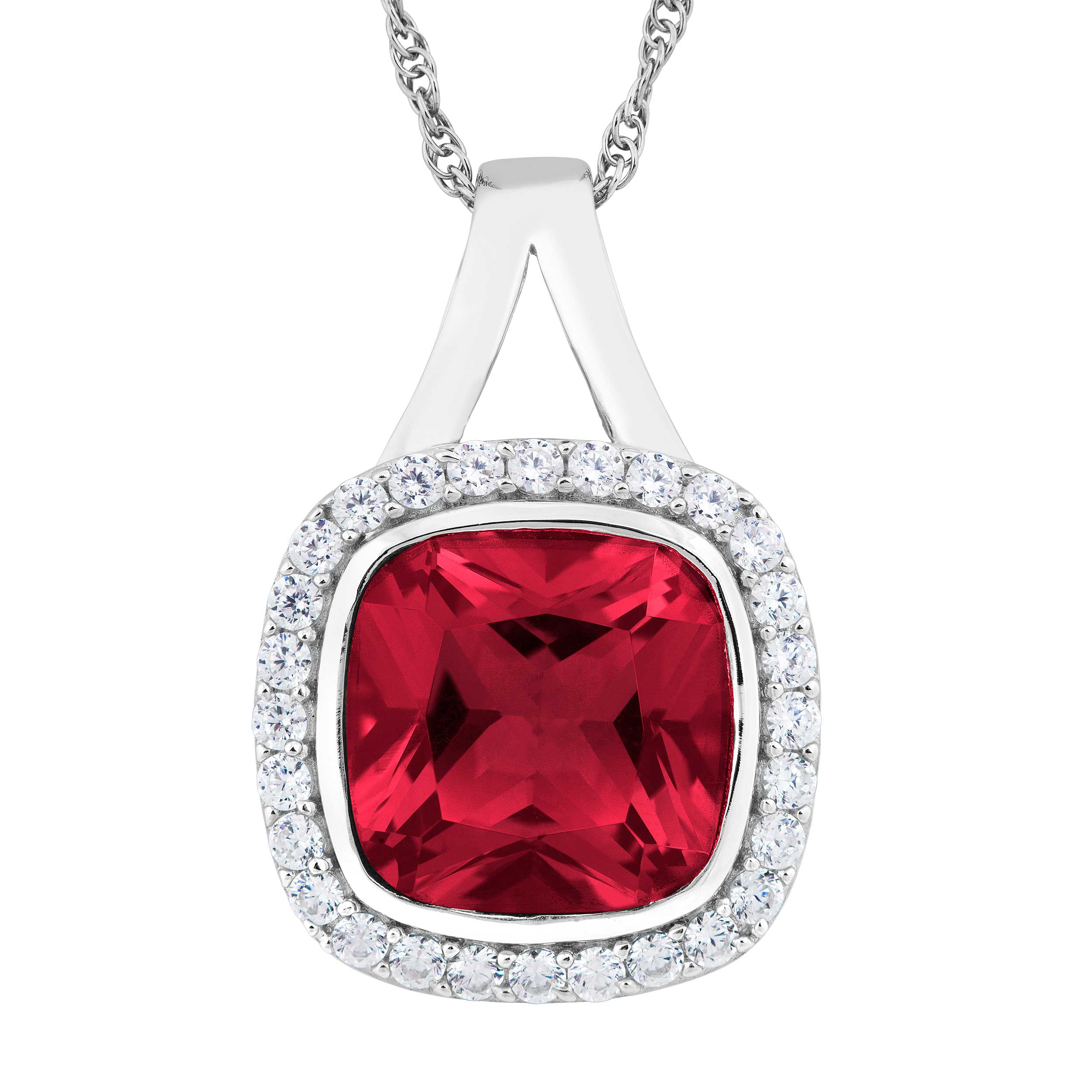 Inlaid Cushion-Cut Created Ruby and White Topaz Stud Pendant Necklace, Rhodium Plated Sterling Silver